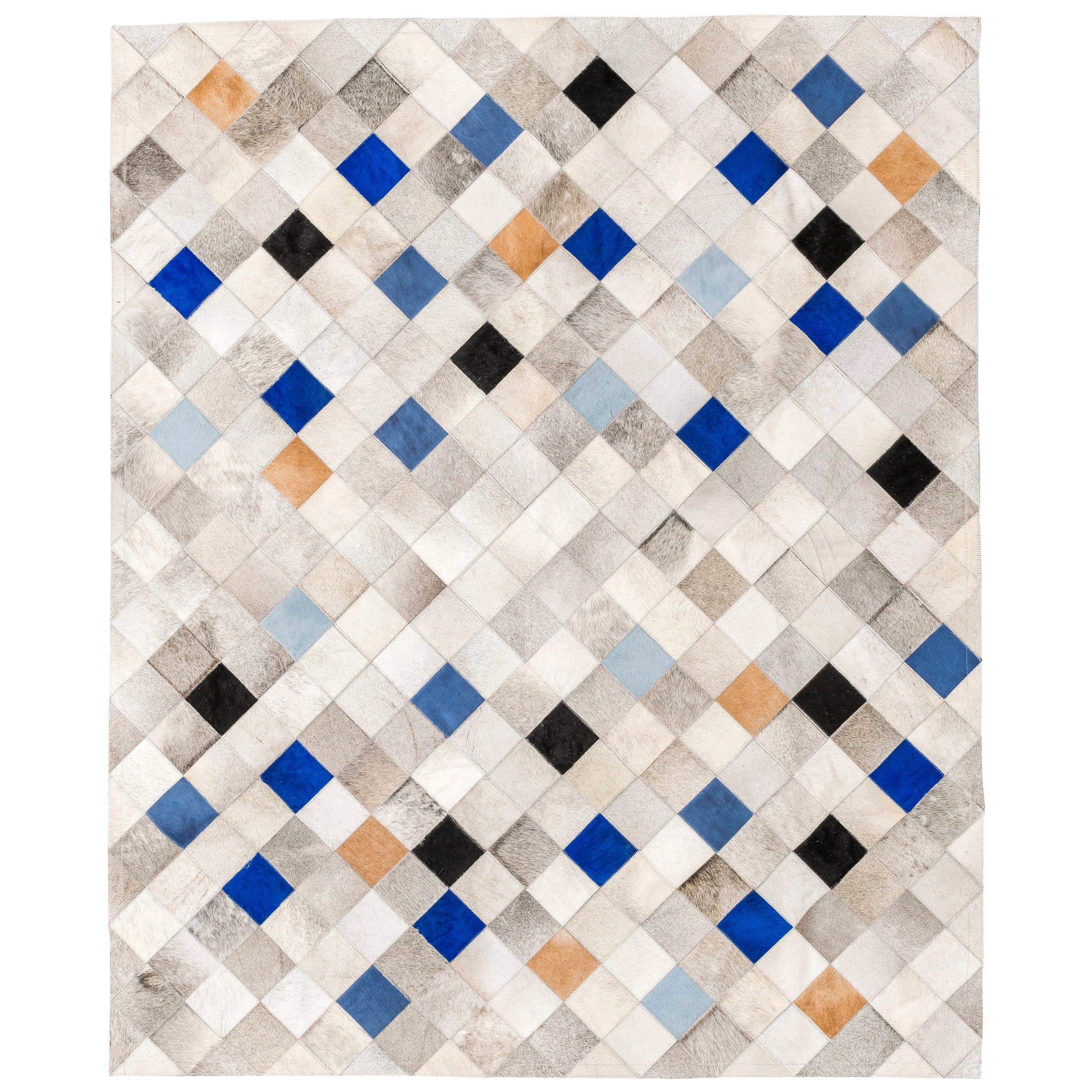 Gray, Blue and Caramel Falling Squares Cowhide Area Floor Rug Large