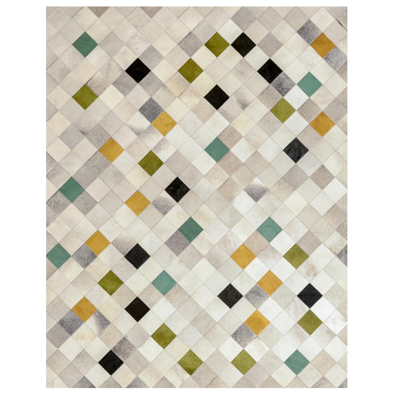 Striking and unique Falling Squares Verde Cowhide Area Floor Rug Small For Sale