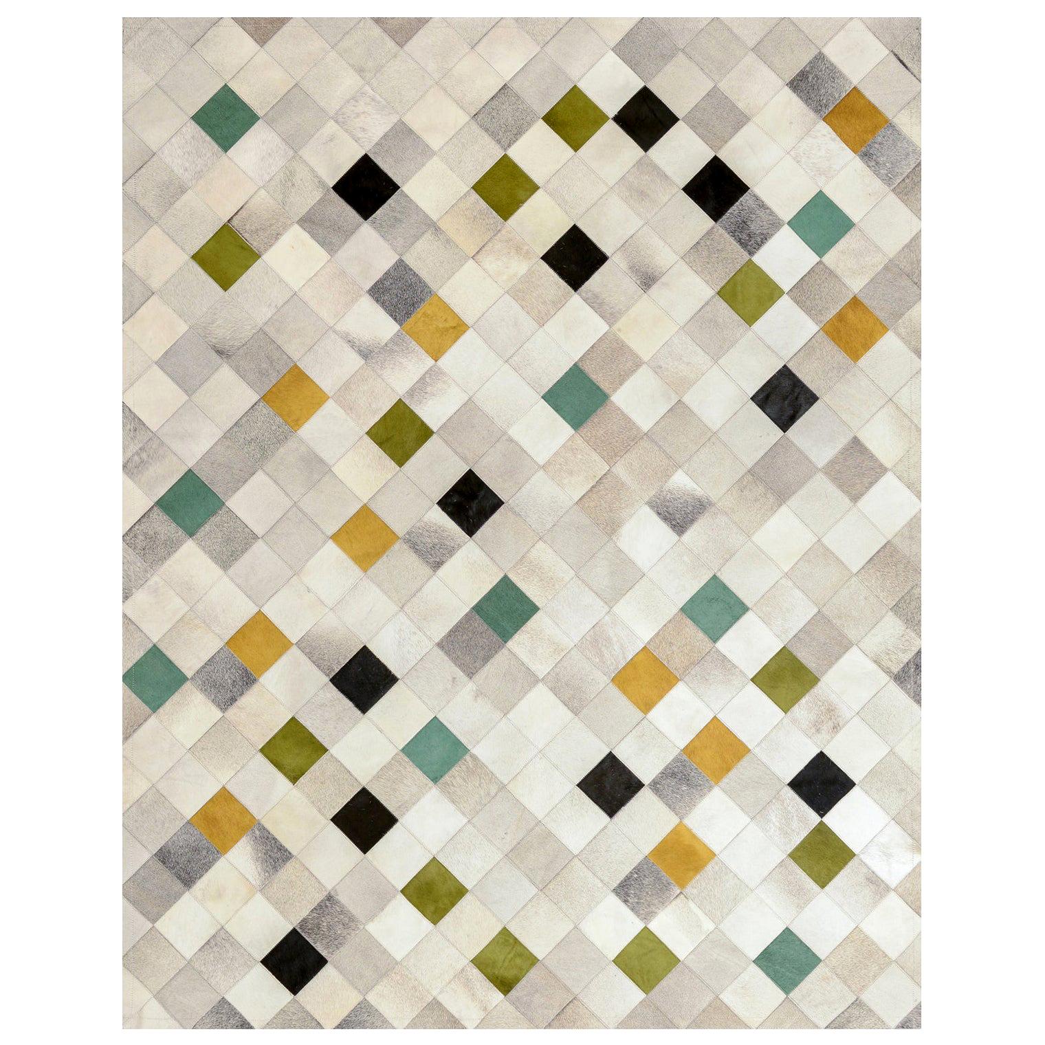 Green, Gray, Mustard Falling Squares Customizable Cowhide Area Floor Rug Large For Sale