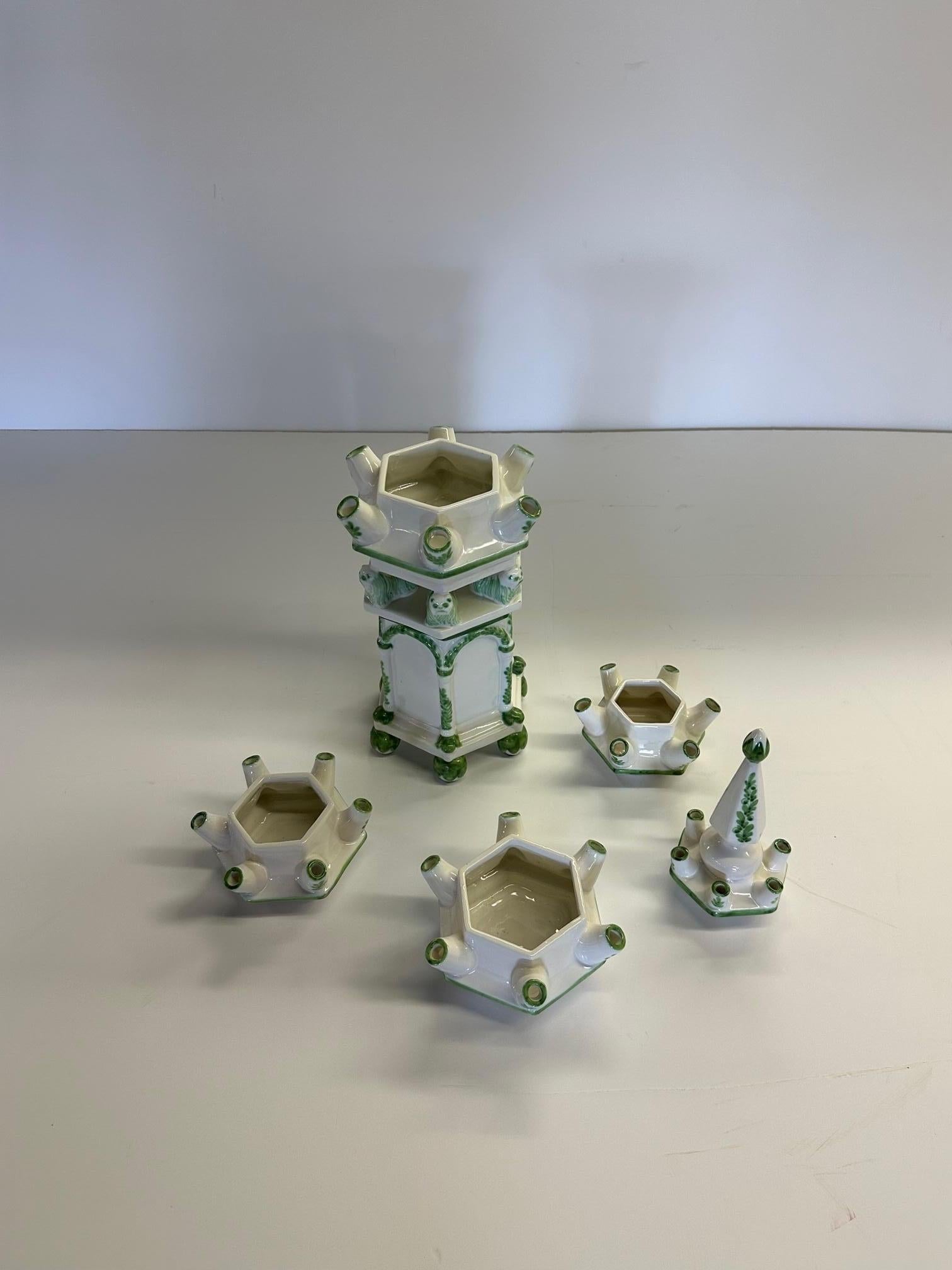 Whimsical Italian ceramic painted bough pot or flower vase that comes apart in 4 pieces and has multiple ports for flowers. A lovely cream and light green decorative accessory.