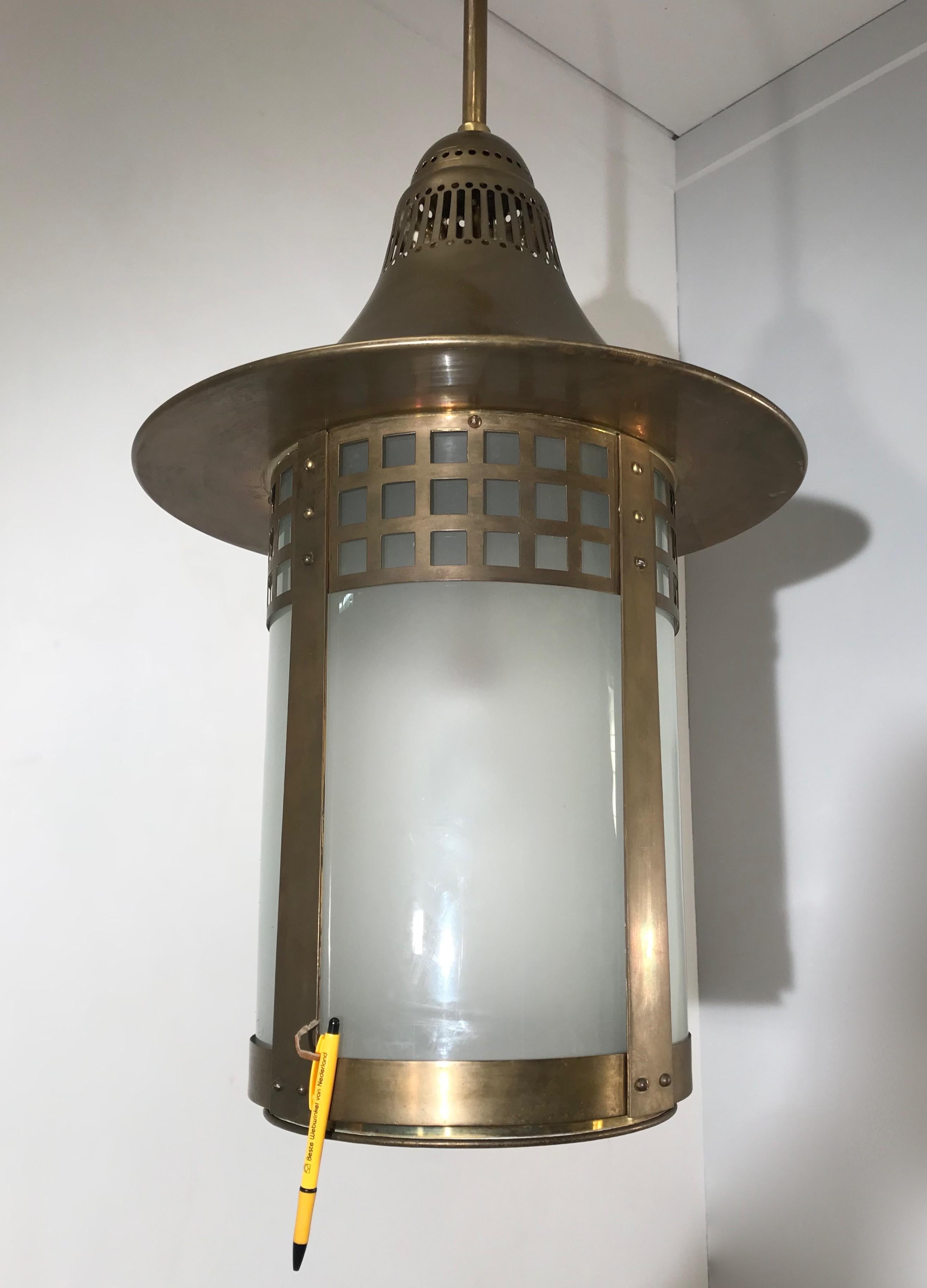 Striking & Largest Ever Arts & Crafts Brass and Glass Hallway Lantern Pendant For Sale 7