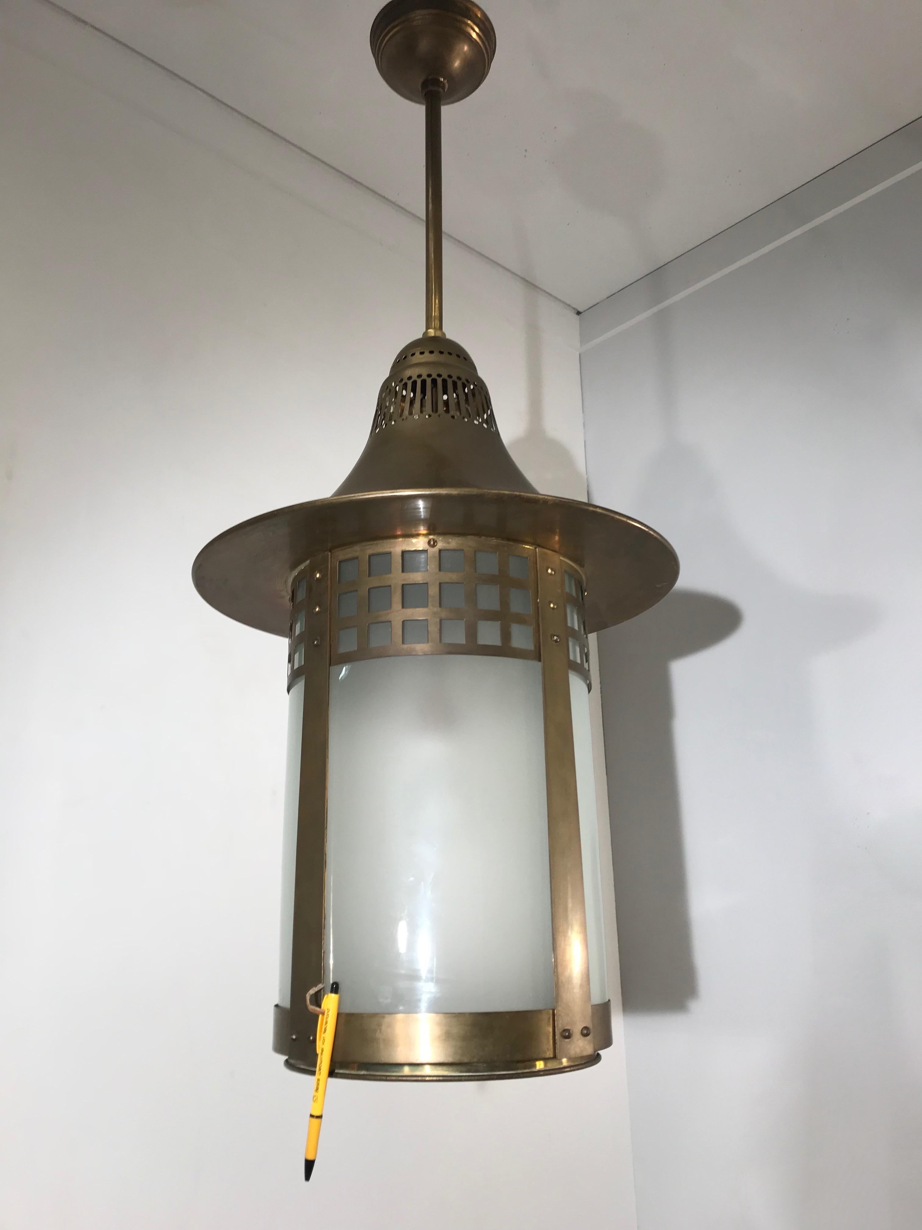 Arts and Crafts Striking & Largest Ever Arts & Crafts Brass and Glass Hallway Lantern Pendant For Sale