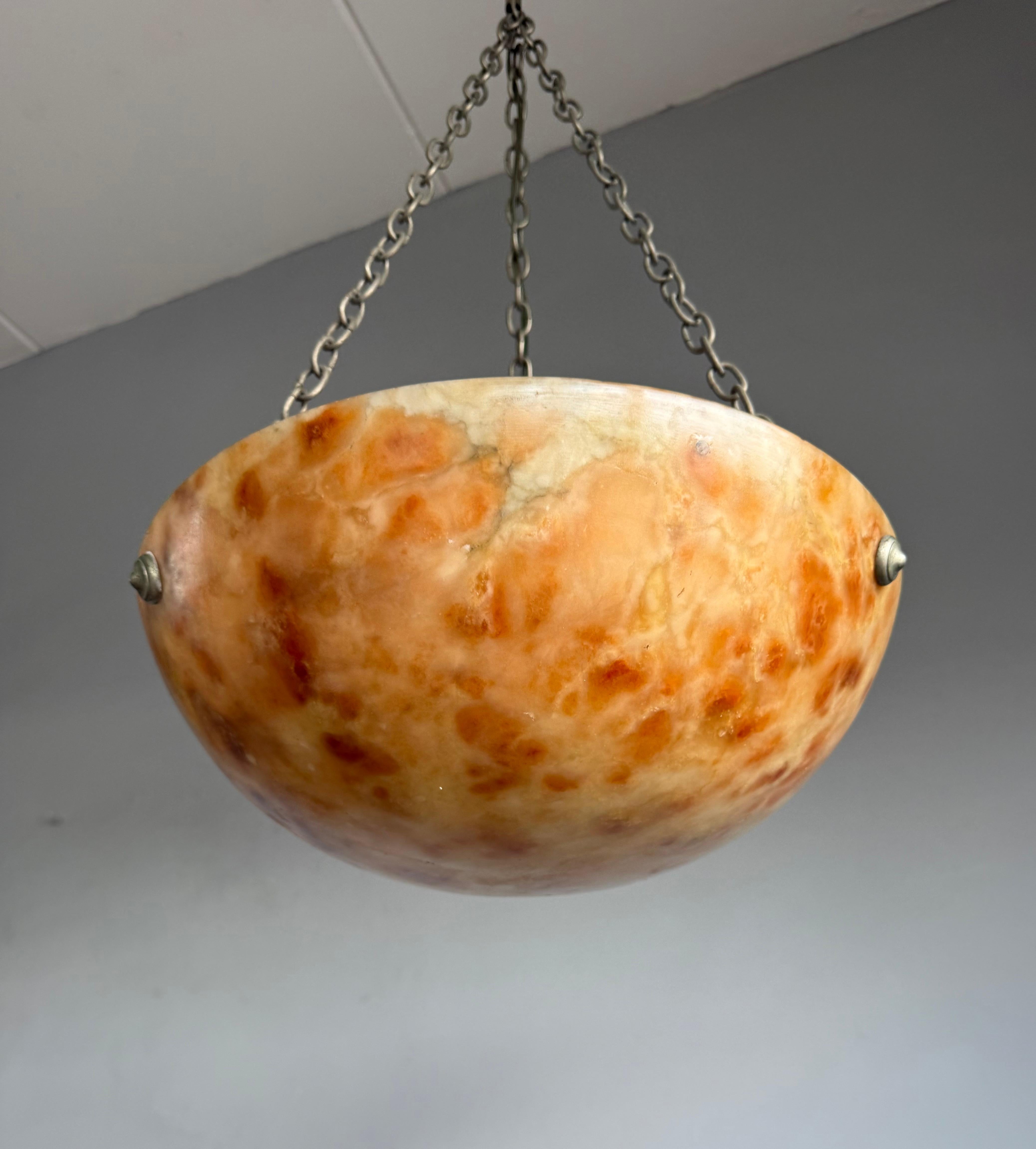Striking Antique Alabaster Bowl Pendant Light w. Warm Amber Veining, circa 1920 For Sale 2