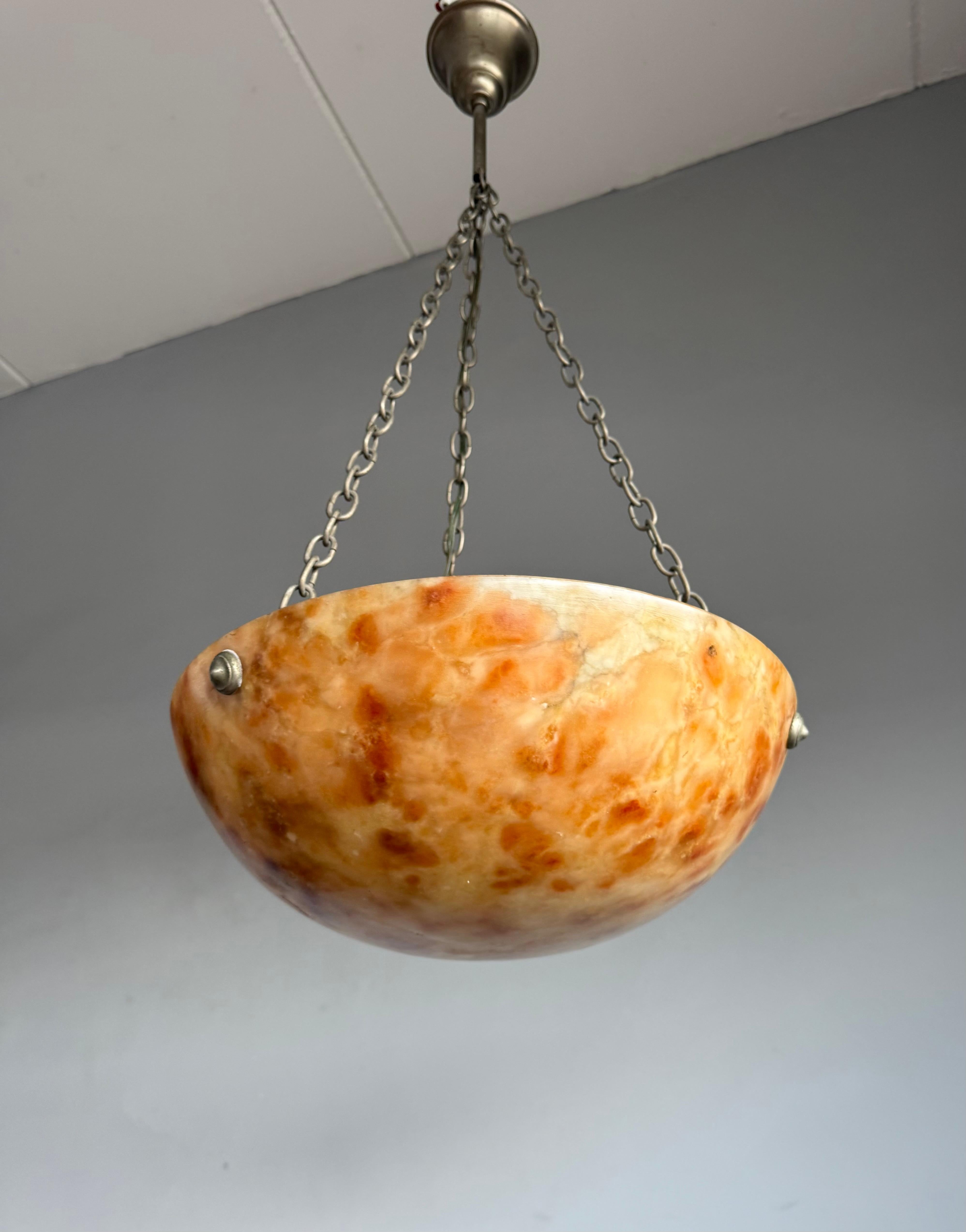 Striking Antique Alabaster Bowl Pendant Light w. Warm Amber Veining, circa 1920 For Sale 3
