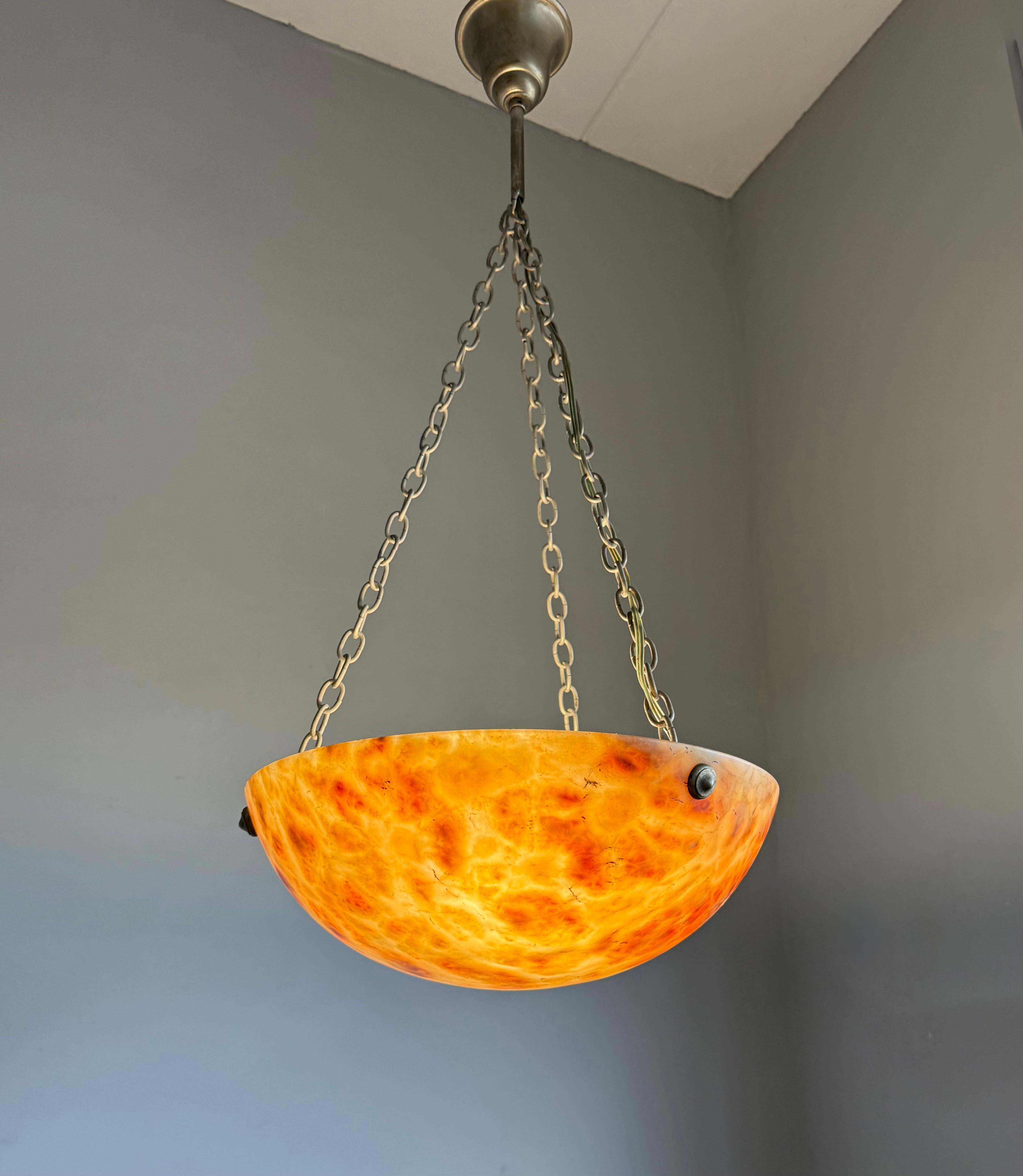 Striking Antique Alabaster Bowl Pendant Light w. Warm Amber Veining, circa 1920 For Sale 4