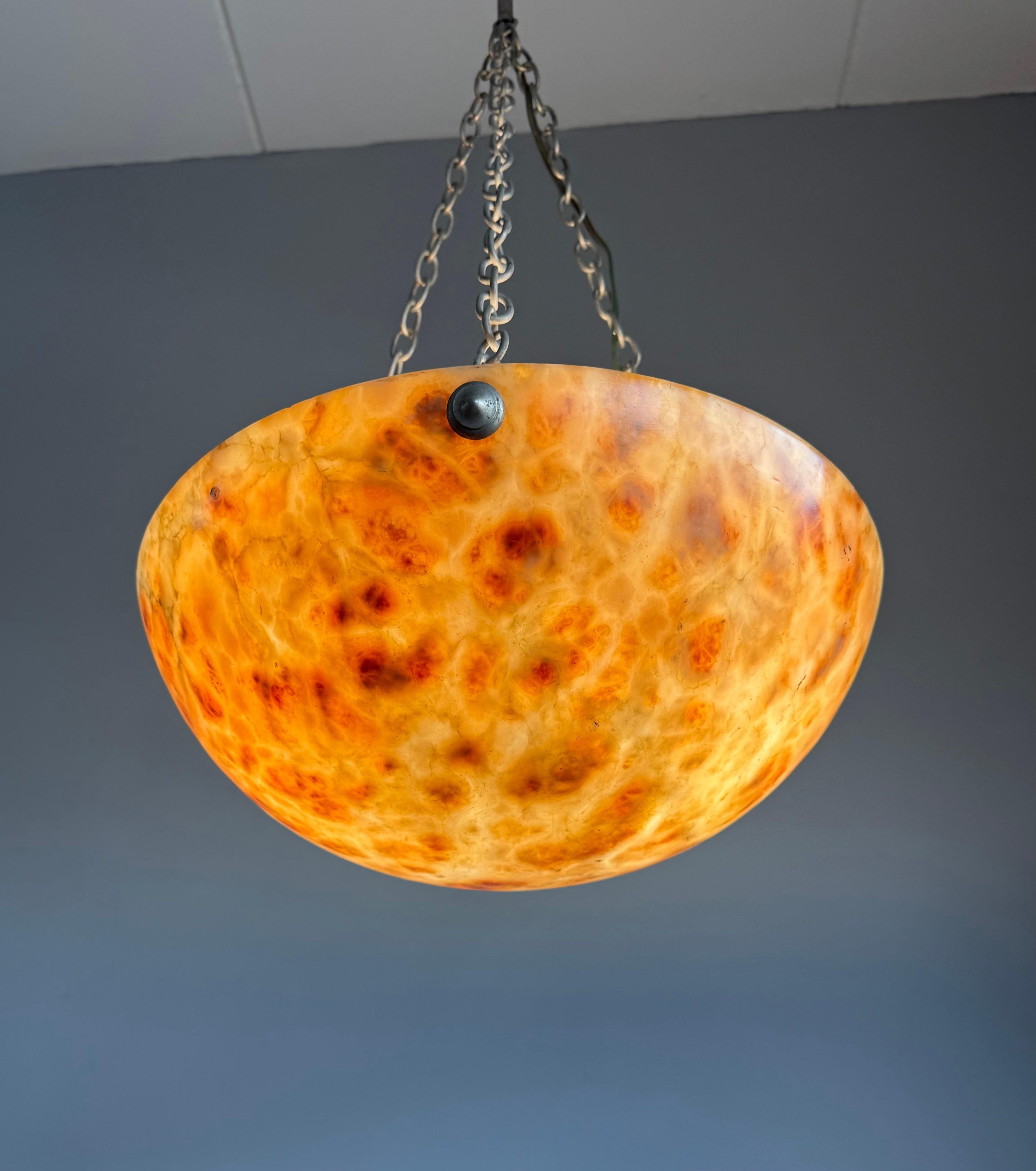 Striking Antique Alabaster Bowl Pendant Light w. Warm Amber Veining, circa 1920 For Sale 6