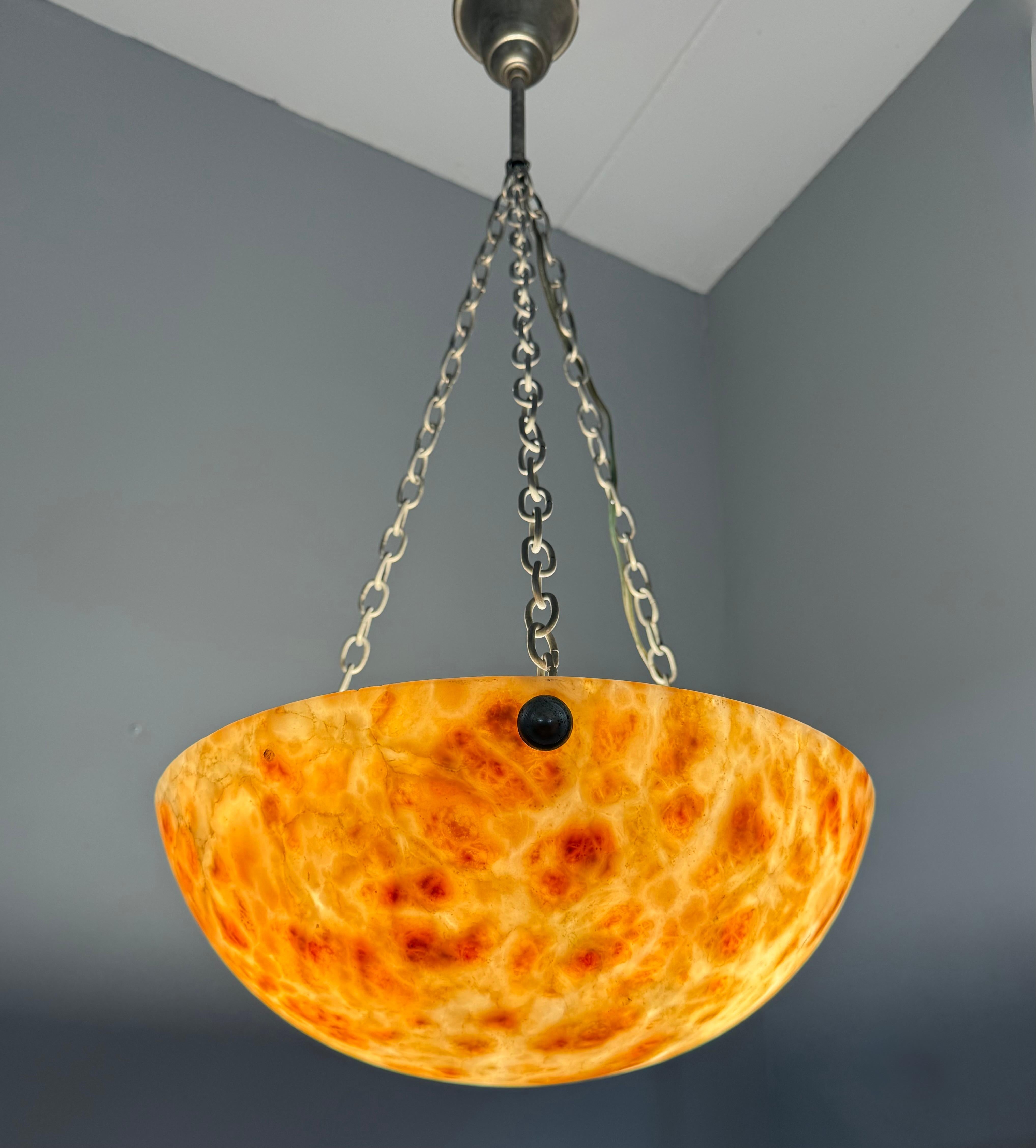 Striking Antique Alabaster Bowl Pendant Light w. Warm Amber Veining, circa 1920 For Sale 7