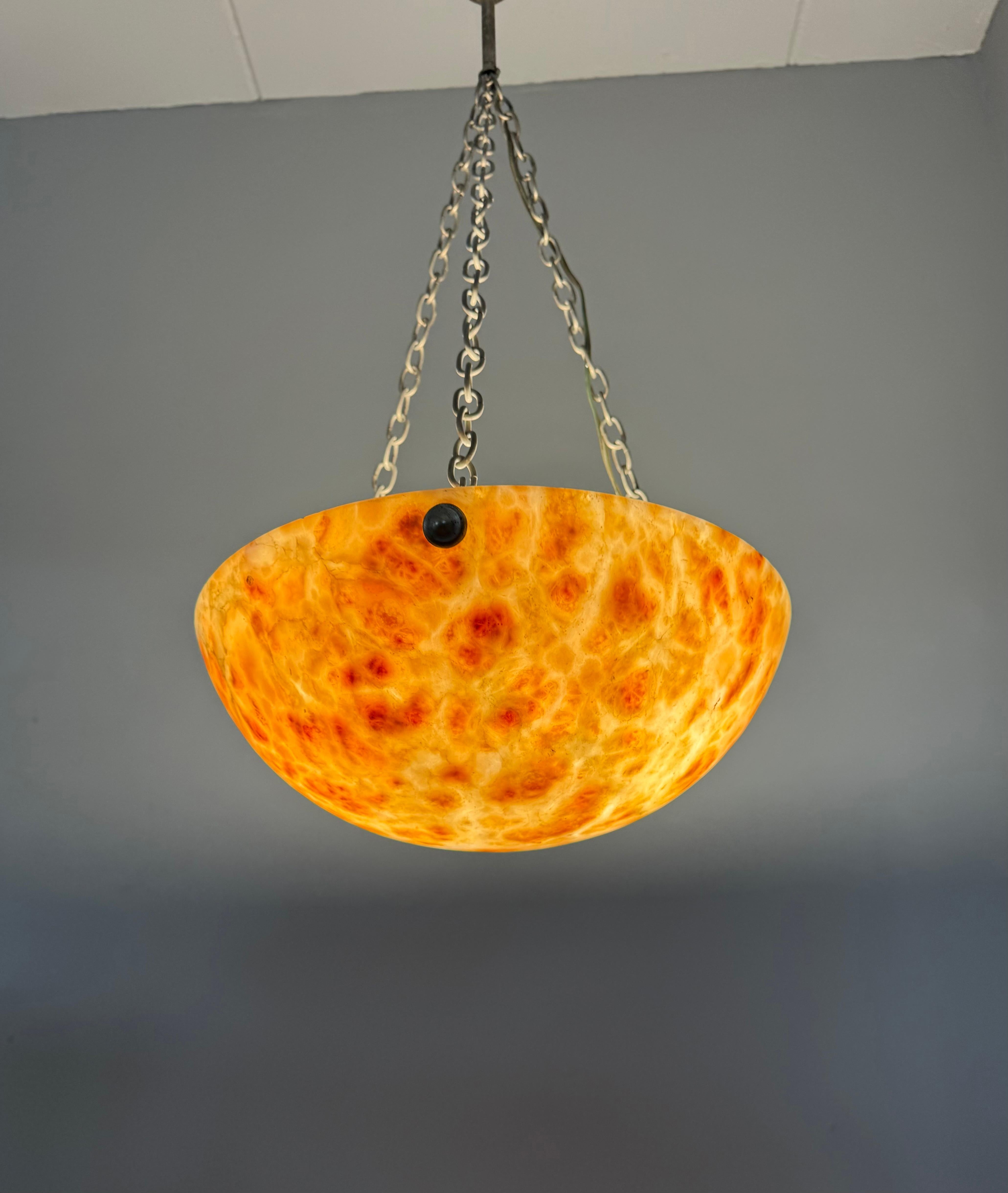 Striking Antique Alabaster Bowl Pendant Light w. Warm Amber Veining, circa 1920 For Sale 8