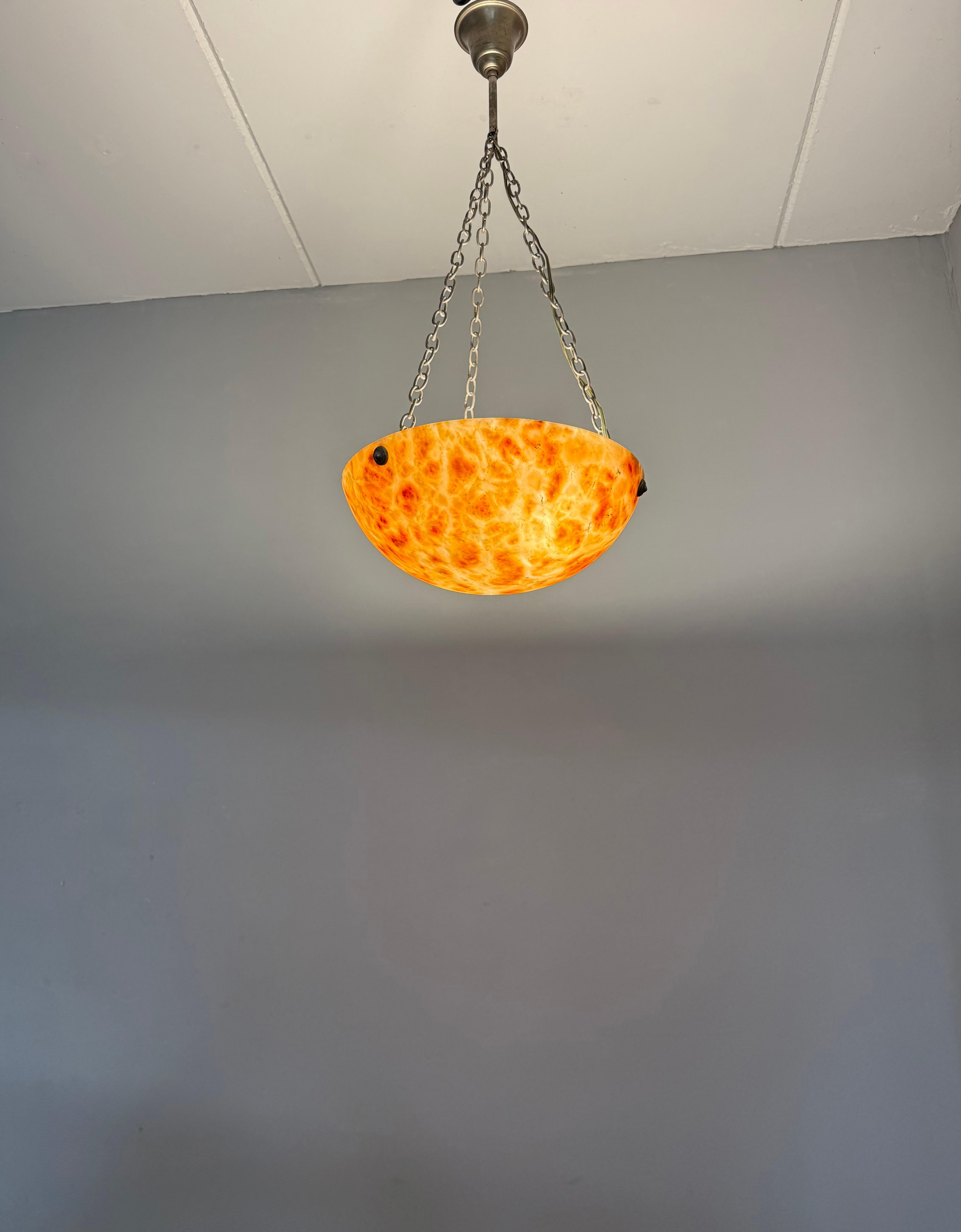 Striking Antique Alabaster Bowl Pendant Light w. Warm Amber Veining, circa 1920 For Sale 9
