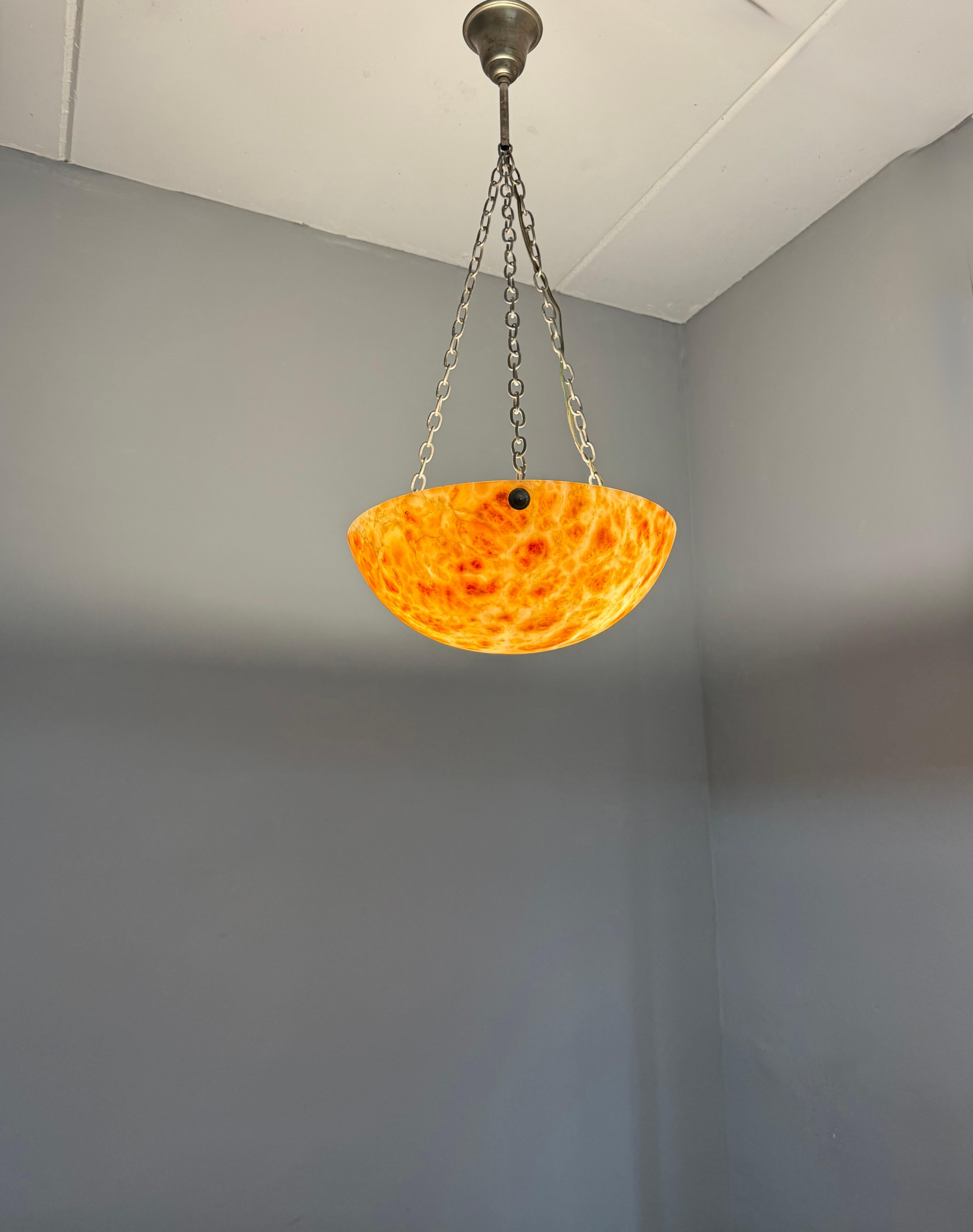 Striking Antique Alabaster Bowl Pendant Light w. Warm Amber Veining, circa 1920 For Sale 10