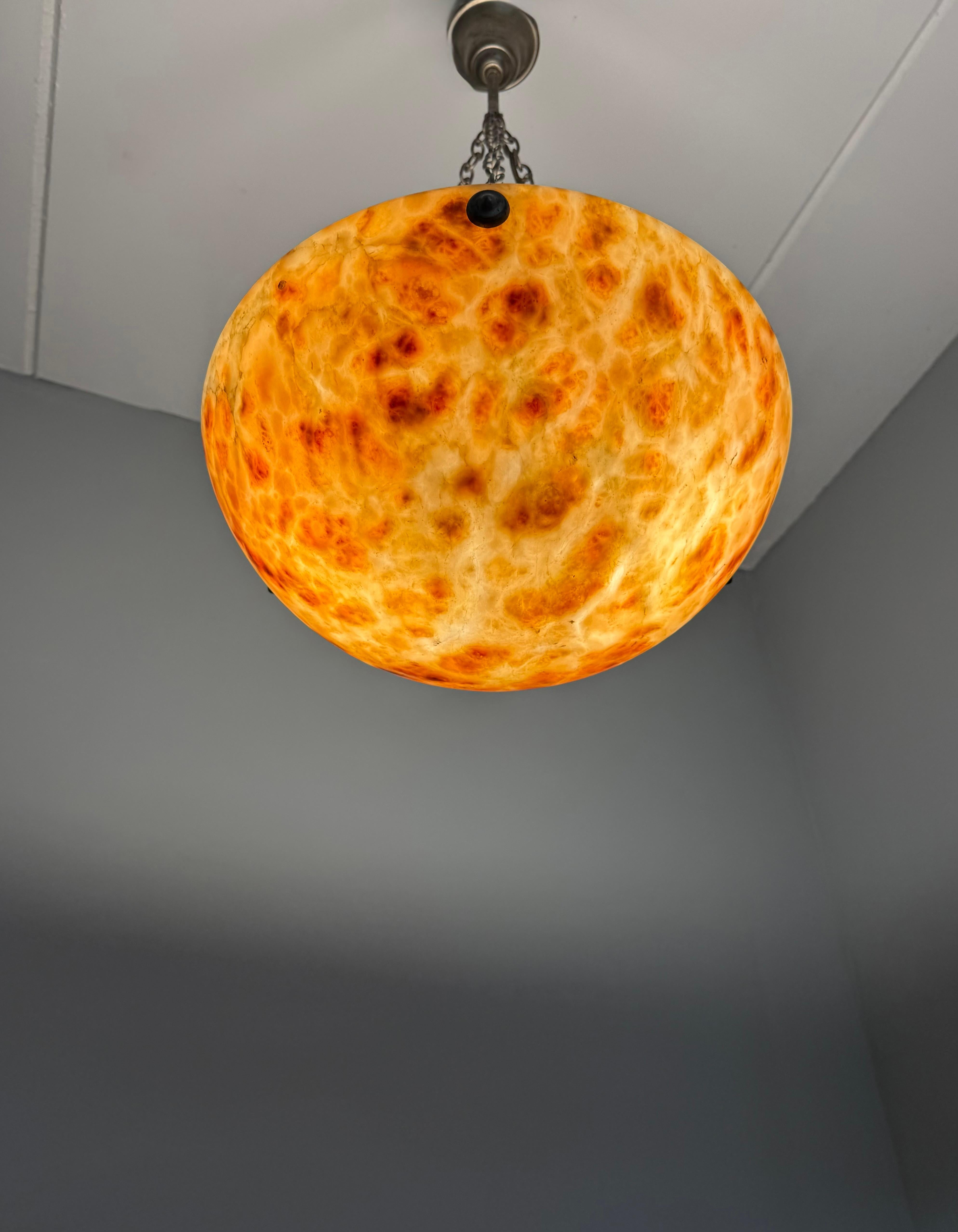 Striking Antique Alabaster Bowl Pendant Light w. Warm Amber Veining, circa 1920 For Sale 11