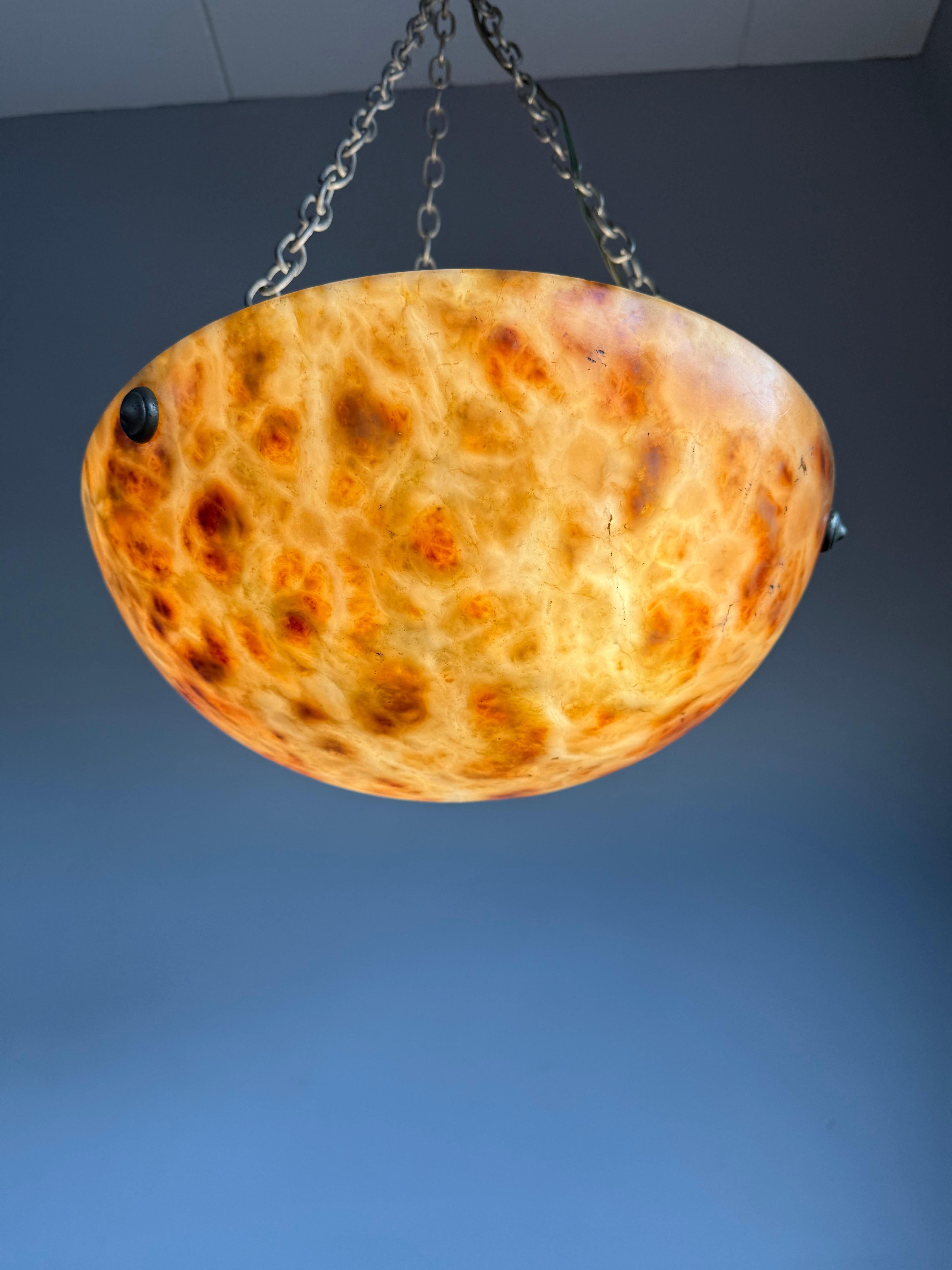 Striking Antique Alabaster Bowl Pendant Light w. Warm Amber Veining, circa 1920 For Sale 12