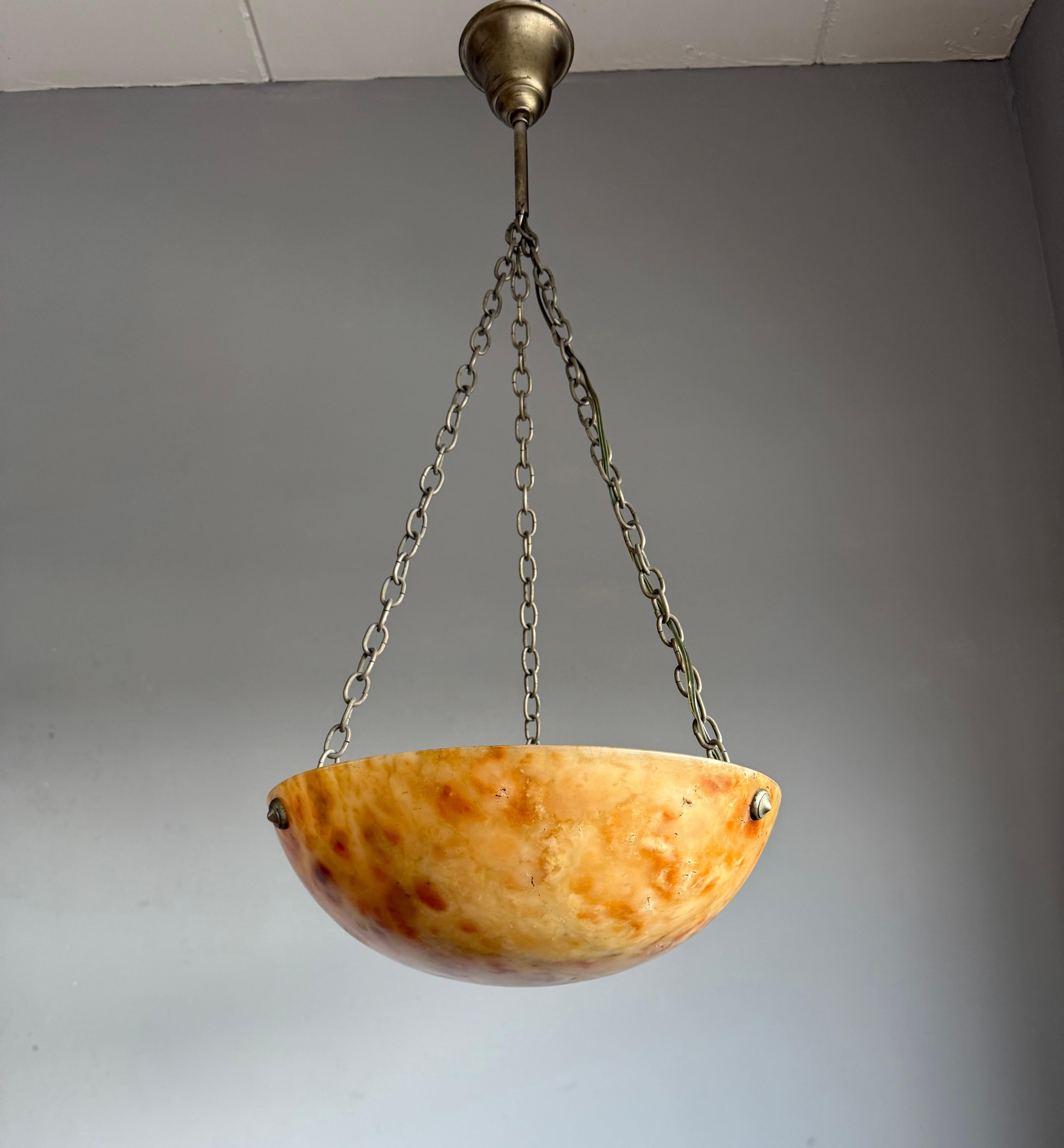 Art Deco Striking Antique Alabaster Bowl Pendant Light w. Warm Amber Veining, circa 1920 For Sale