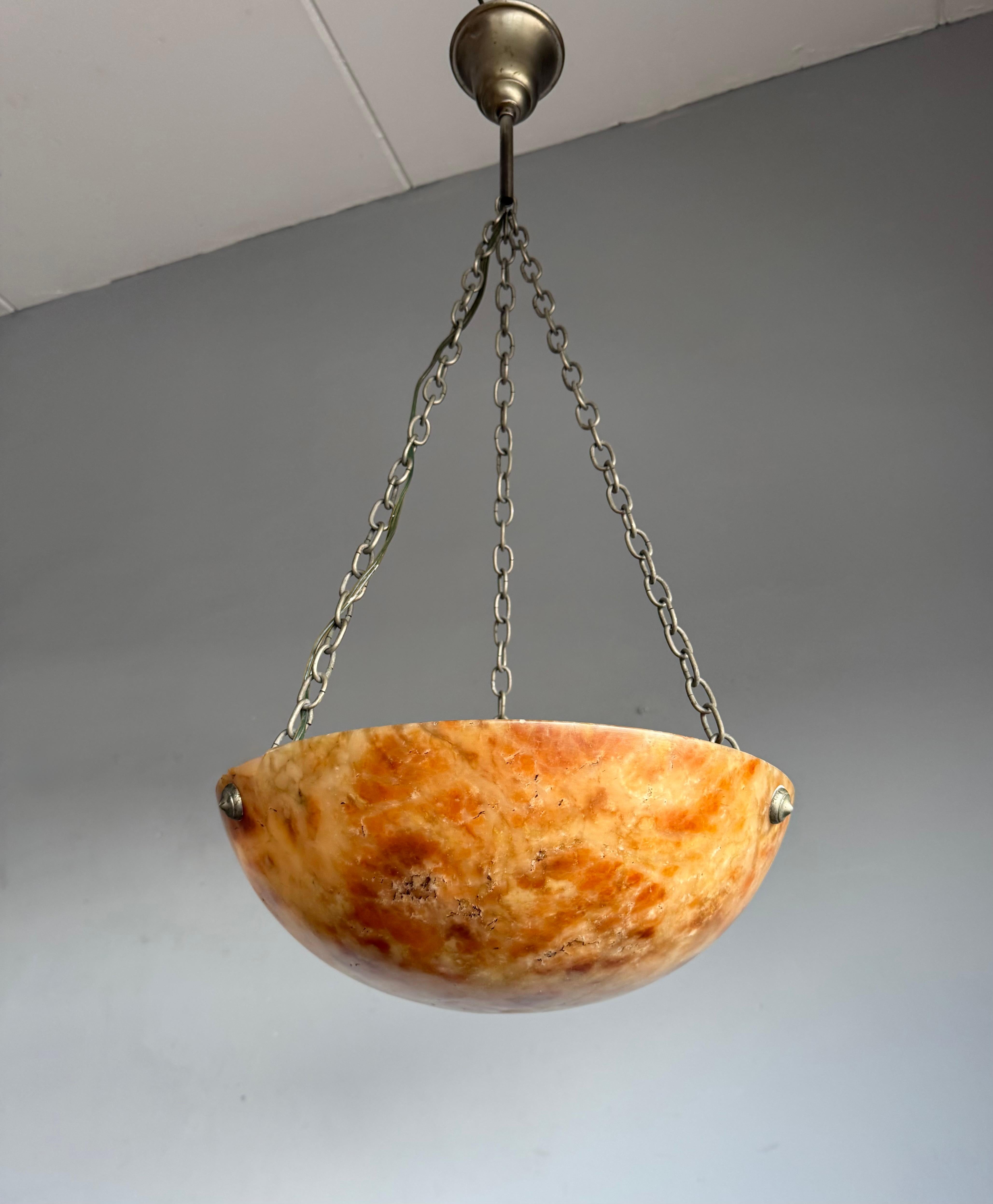 Italian Striking Antique Alabaster Bowl Pendant Light w. Warm Amber Veining, circa 1920 For Sale