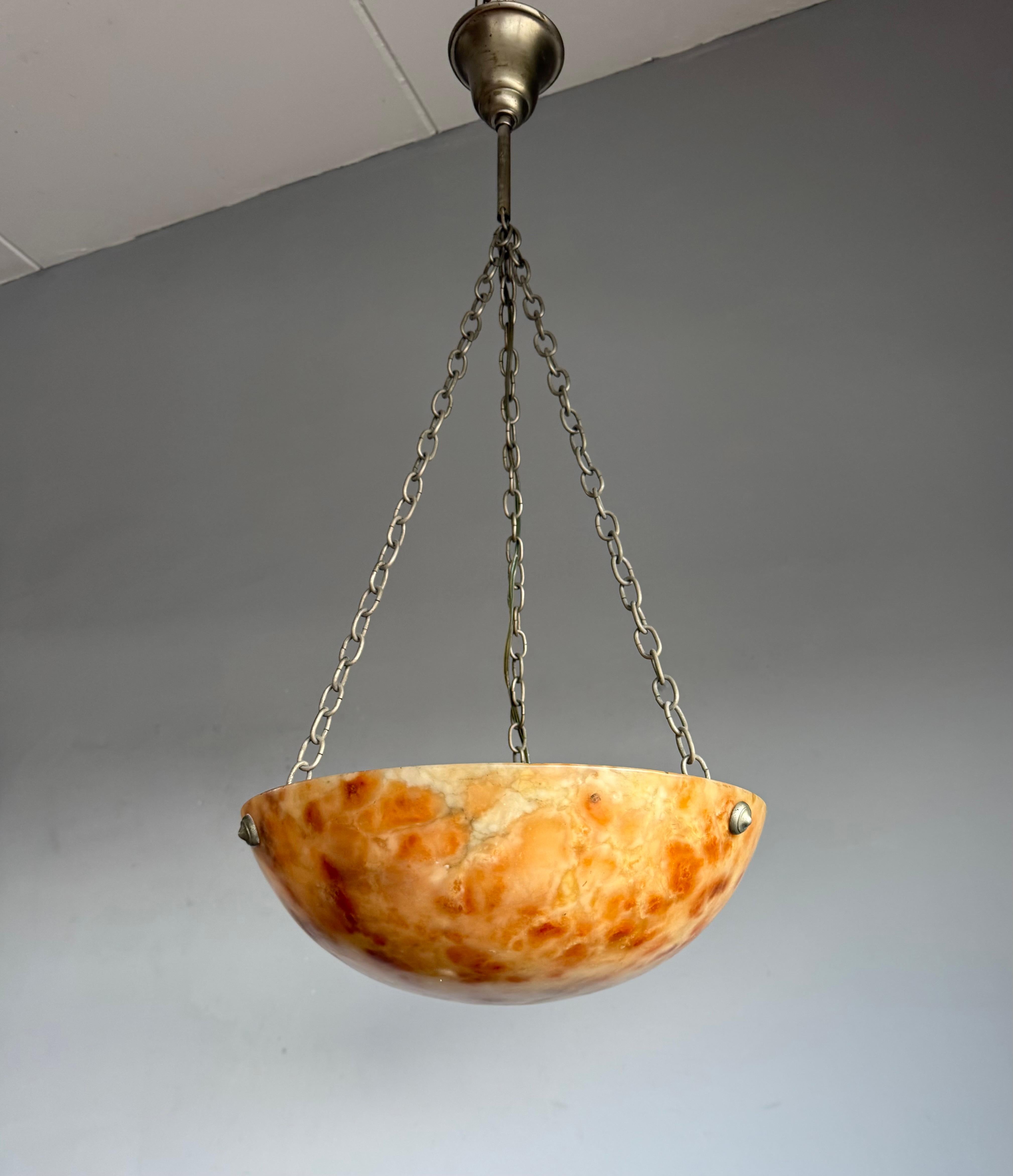 Hand-Carved Striking Antique Alabaster Bowl Pendant Light w. Warm Amber Veining, circa 1920 For Sale