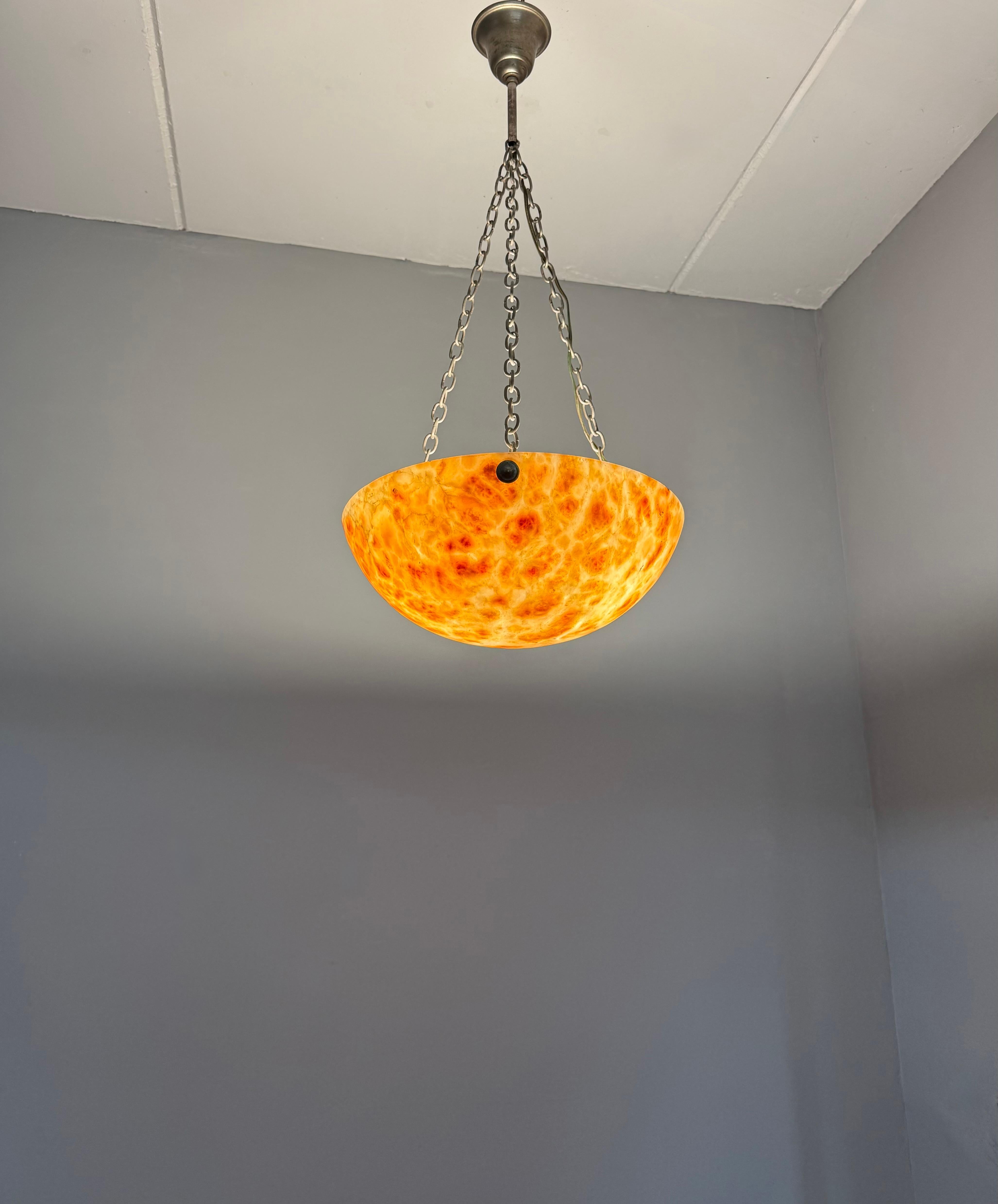 Metal Striking Antique Alabaster Bowl Pendant Light w. Warm Amber Veining, circa 1920 For Sale