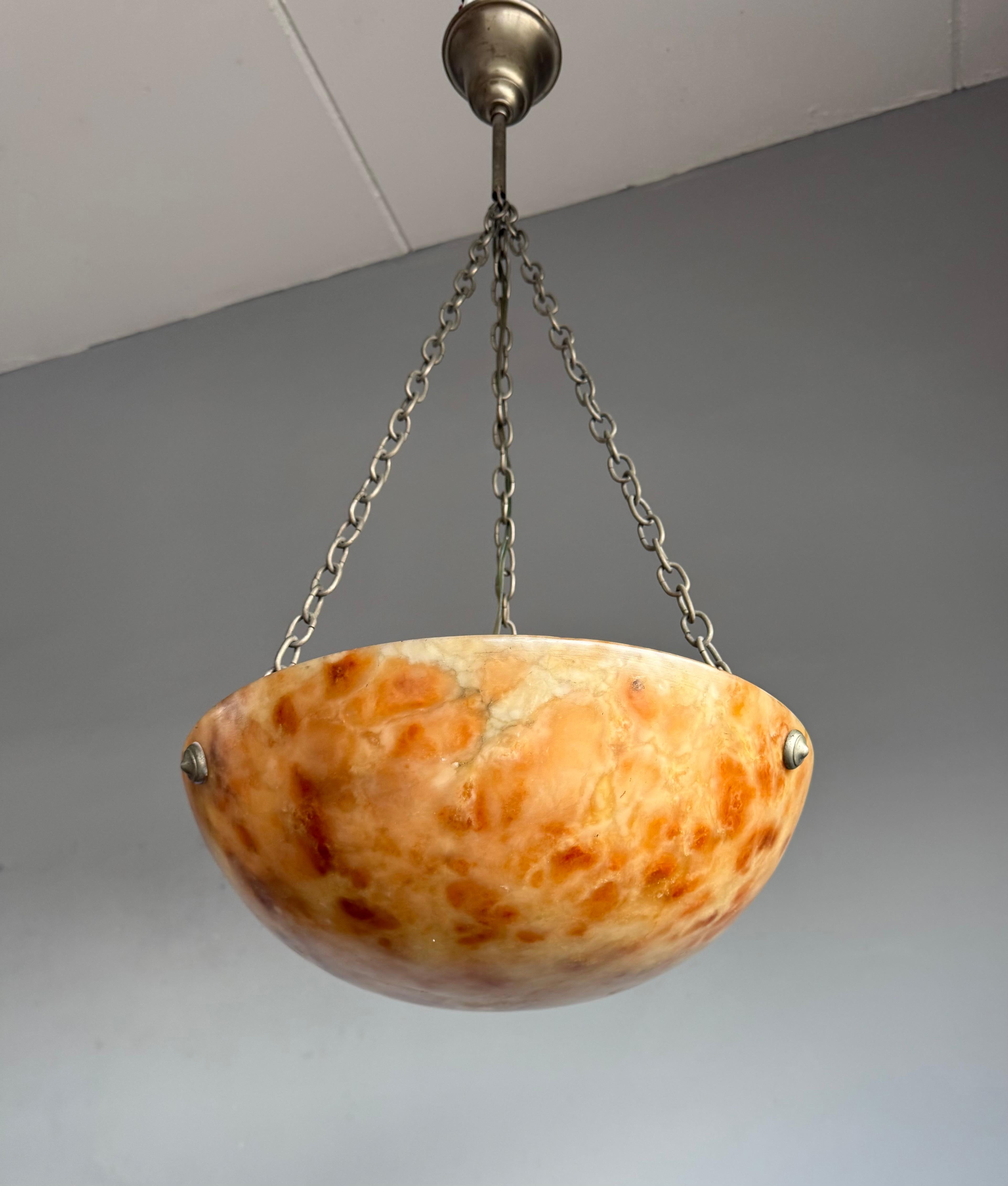 Striking Antique Alabaster Bowl Pendant Light w. Warm Amber Veining, circa 1920 For Sale 1