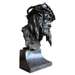Auffällige antike österreichische Bronzebüste von Christus gekrönt w. Thorns von F. Seifert.