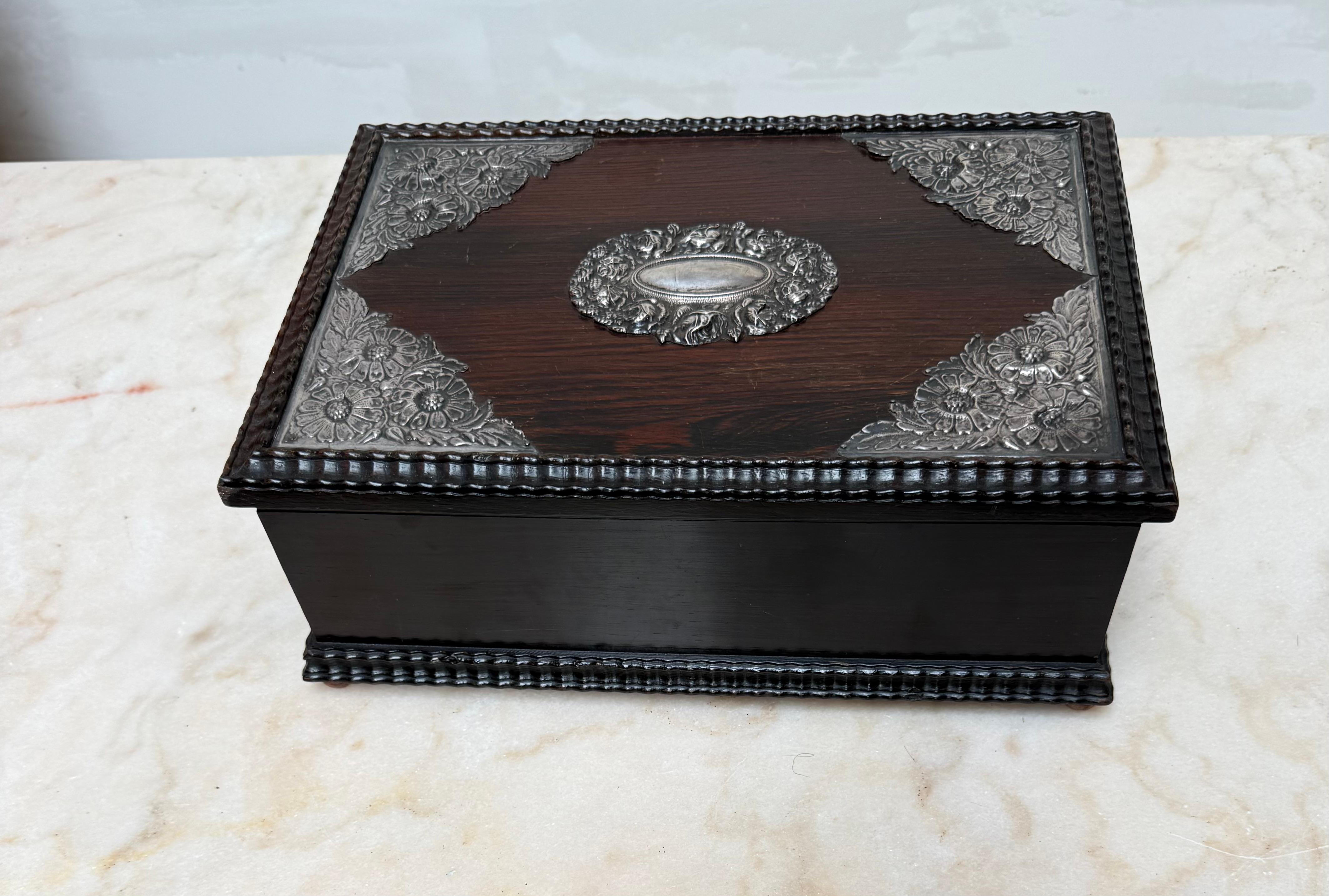 European Striking Antique Dutch Colonial Silver-Mounted on Top Hardwood Box, circa 1880 For Sale