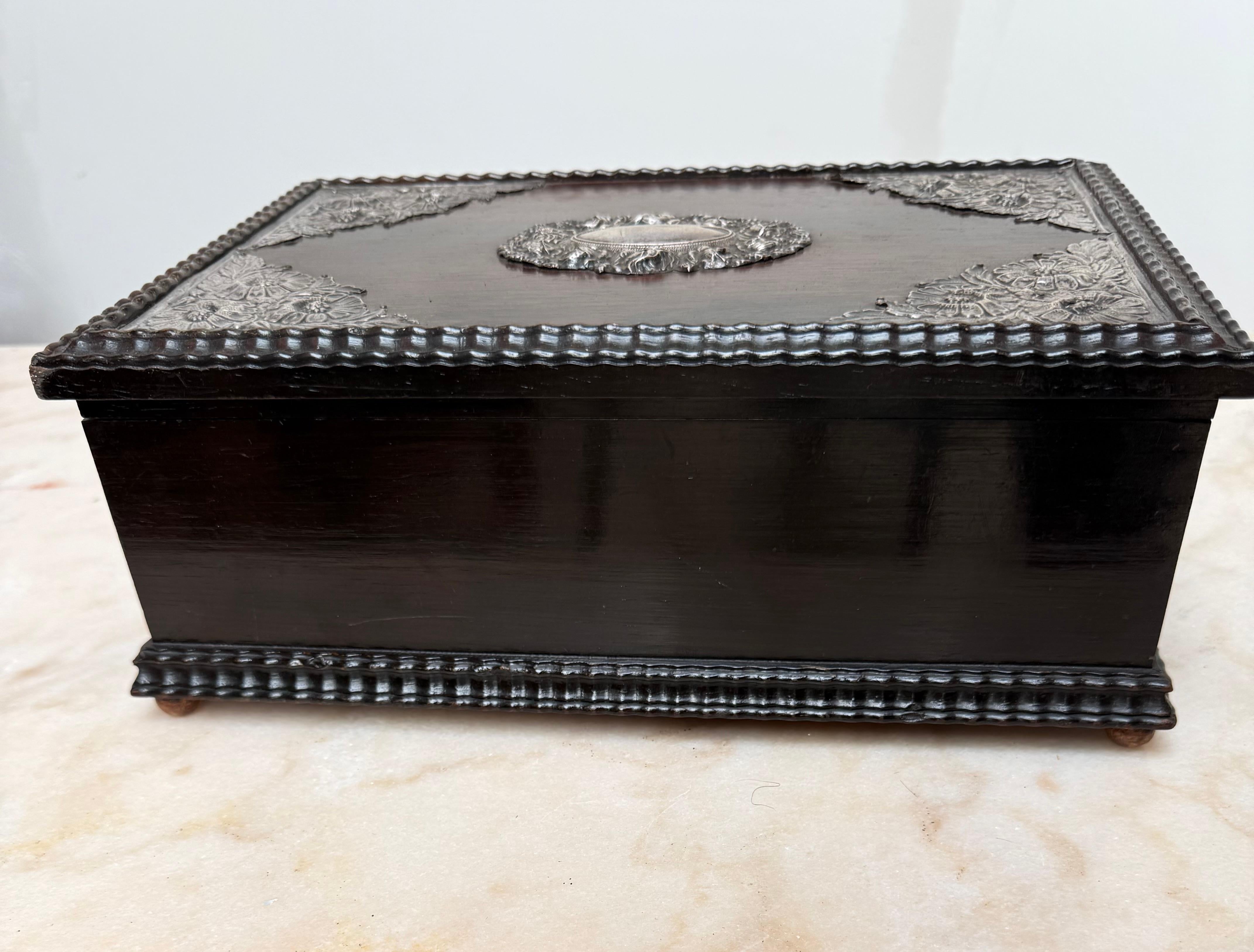 Hand-Carved Striking Antique Dutch Colonial Silver-Mounted on Top Hardwood Box, circa 1880 For Sale