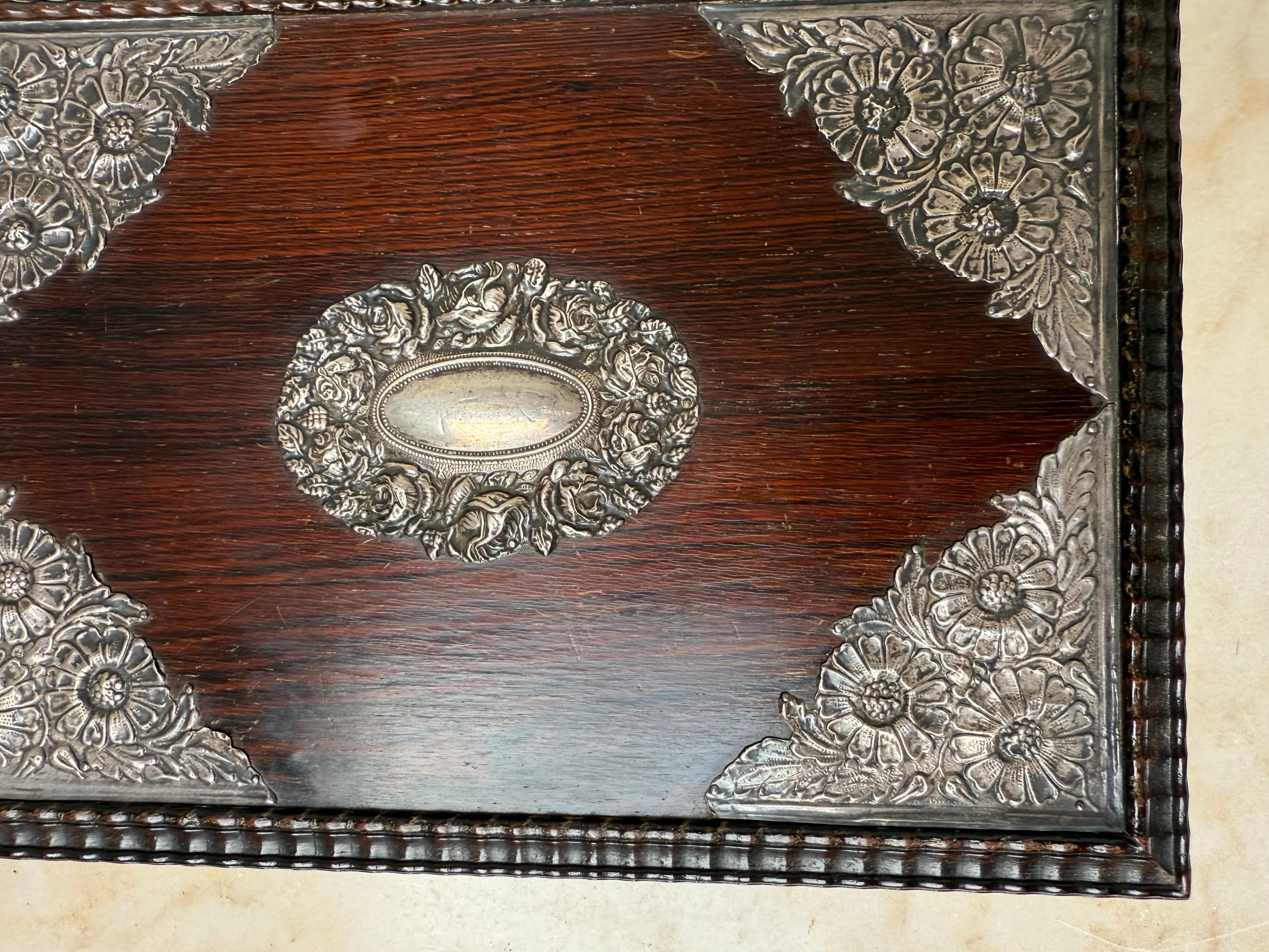 19th Century Striking Antique Dutch Colonial Silver-Mounted on Top Hardwood Box, circa 1880 For Sale