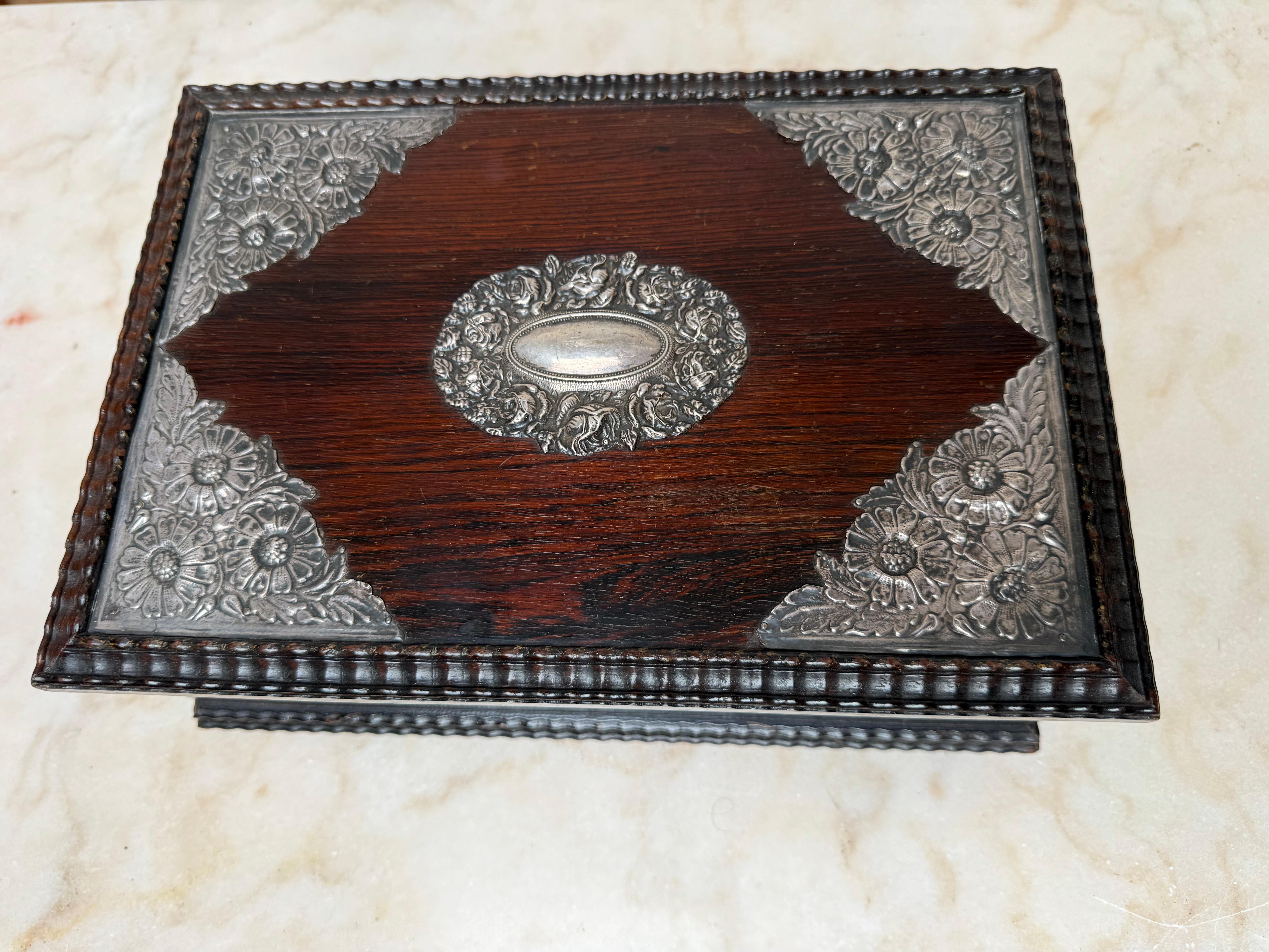 Velvet Striking Antique Dutch Colonial Silver-Mounted on Top Hardwood Box, circa 1880 For Sale