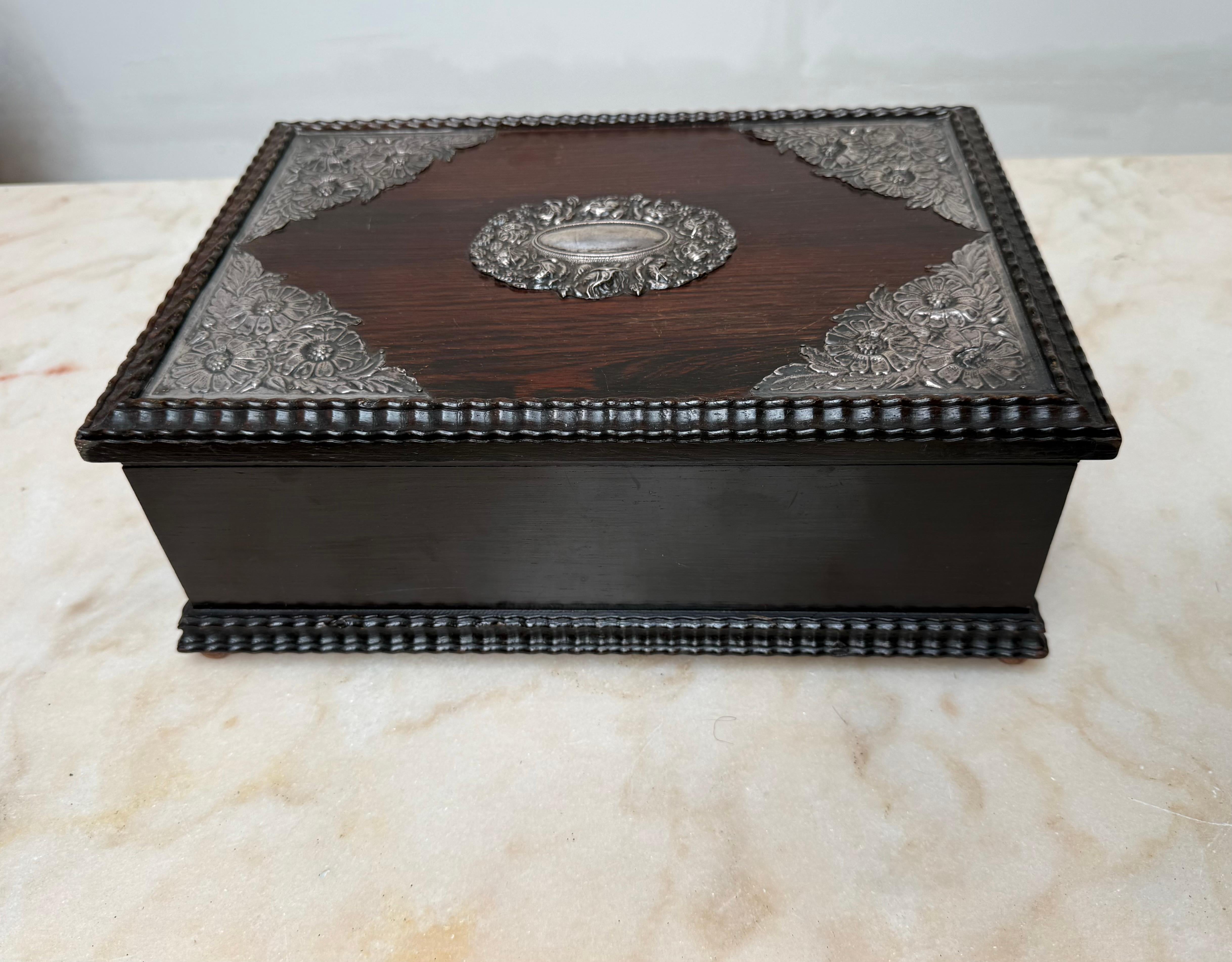 Striking Antique Dutch Colonial Silver-Mounted on Top Hardwood Box, circa 1880 For Sale 1