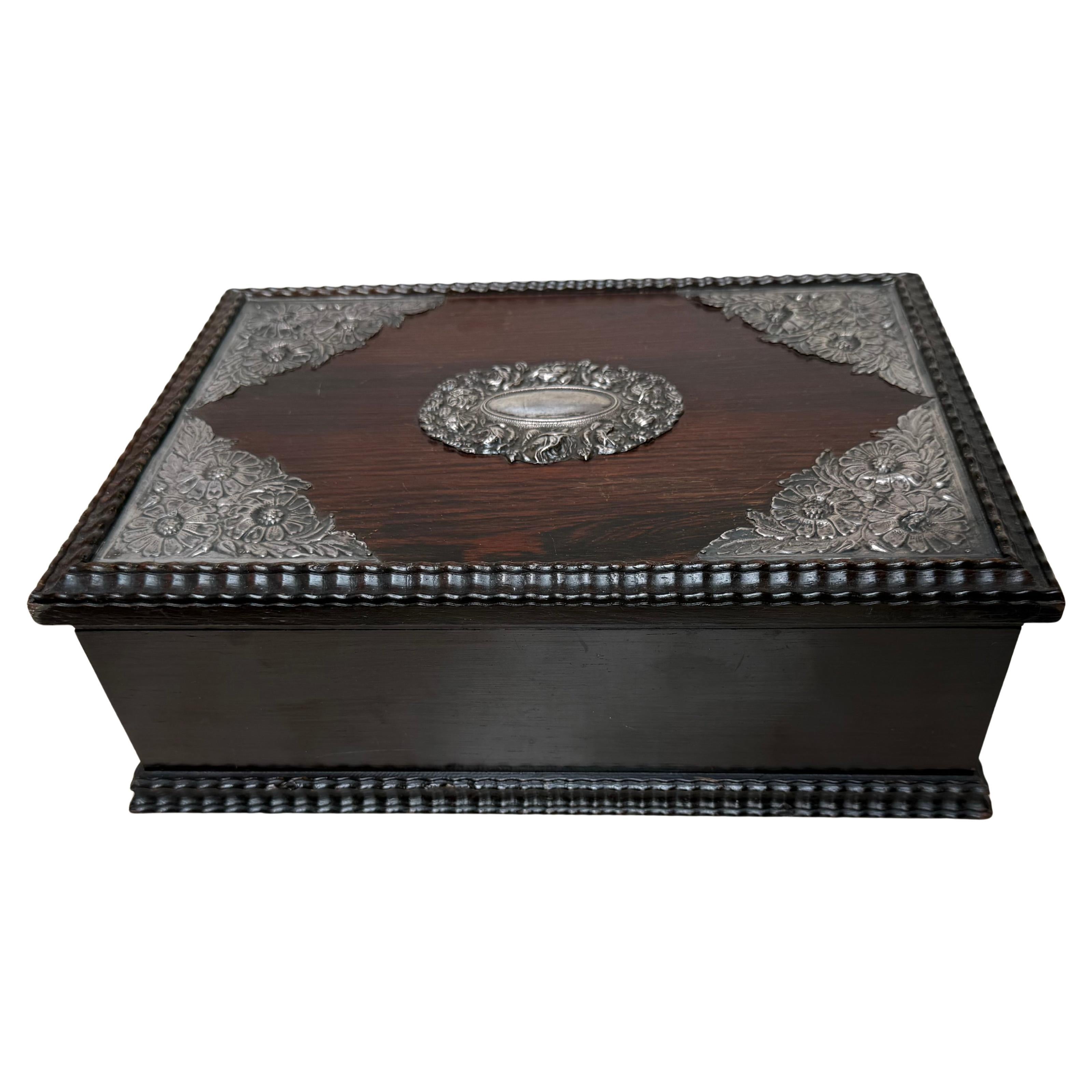 Striking Antique Dutch Colonial Silver-Mounted on Top Hardwood Box, circa 1880 For Sale