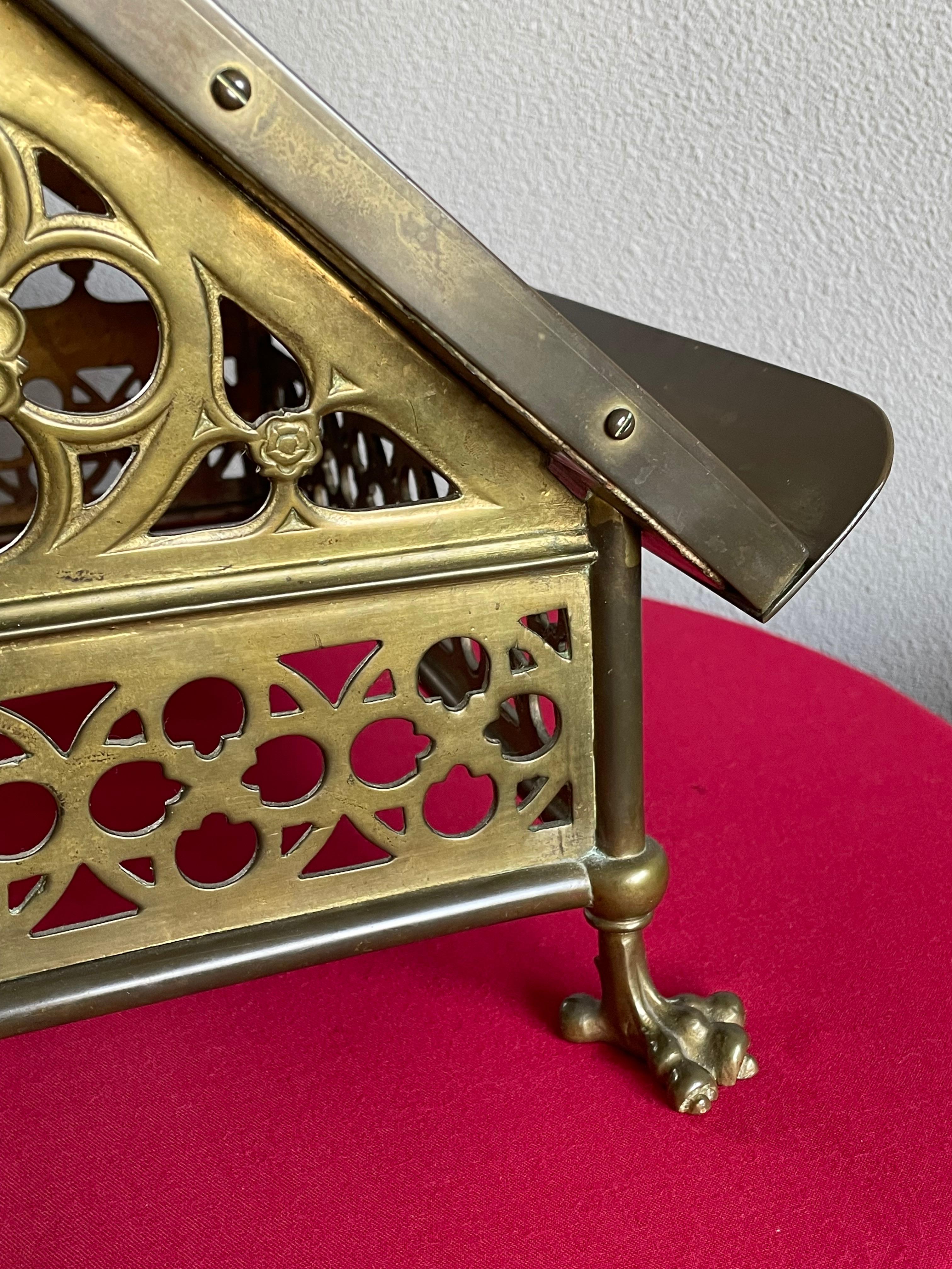 Striking Antique Gothic Revival Bronze & Brass, Church Bible Stand on Claw Feet 1