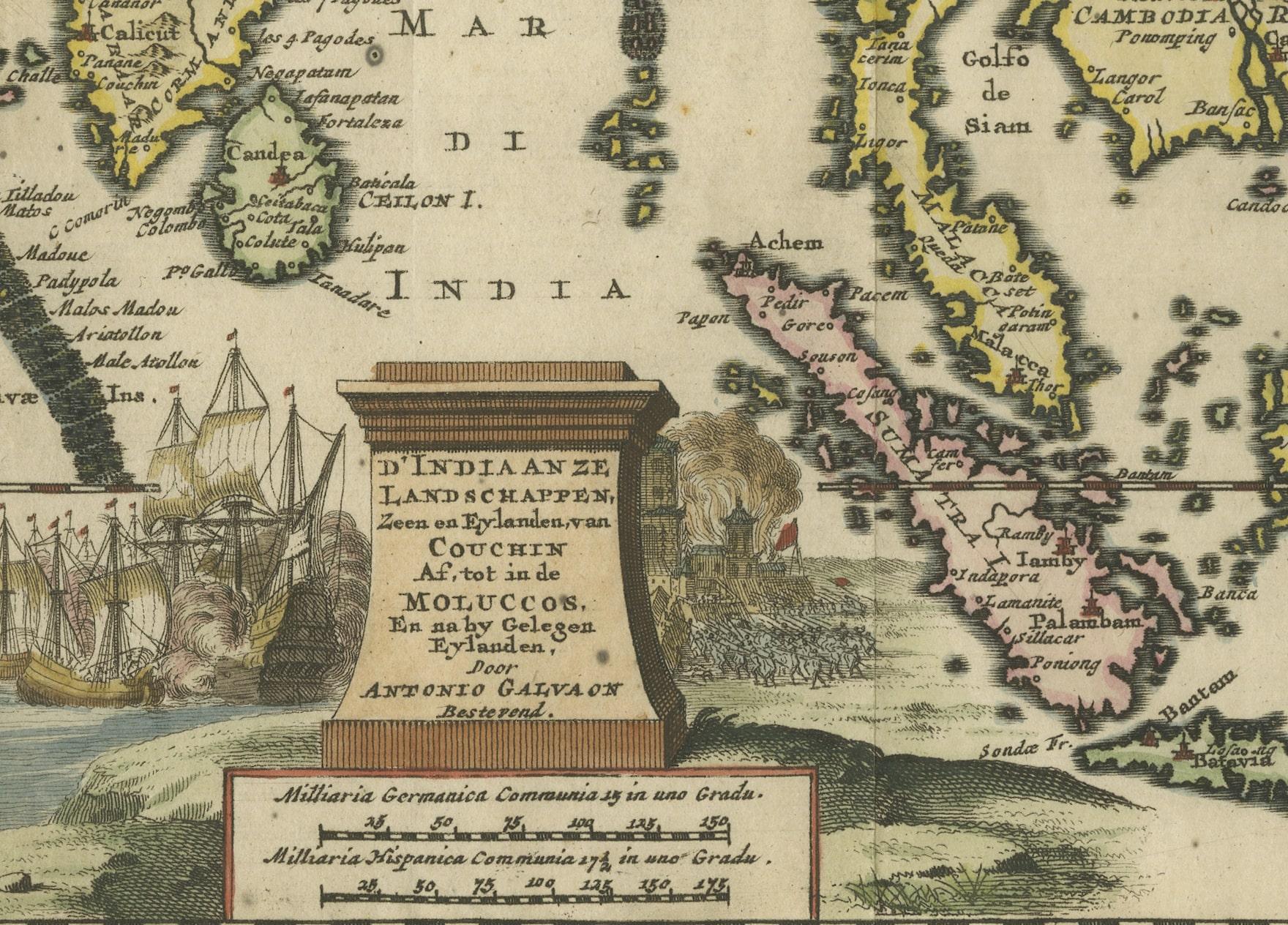 Antique map titled 'D'Indiaanze Landschappen Zeen en Eylanden, van Couchin af tot in de Moluccos (...)'. Striking map of the region from the Philippines and Formosa to India and the Maldives, centered on the Malay Peninsula. The map was used to