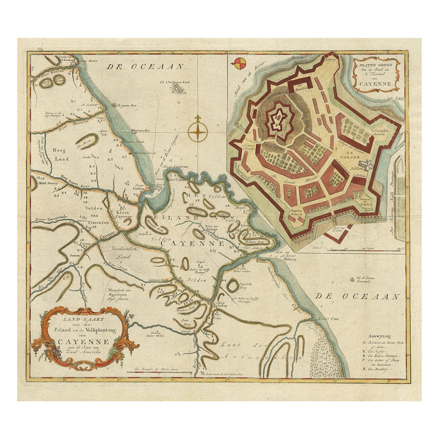 Straordinaria mappa antica di Cayenne nella Guyana francese, Sud America, 1760 ca.