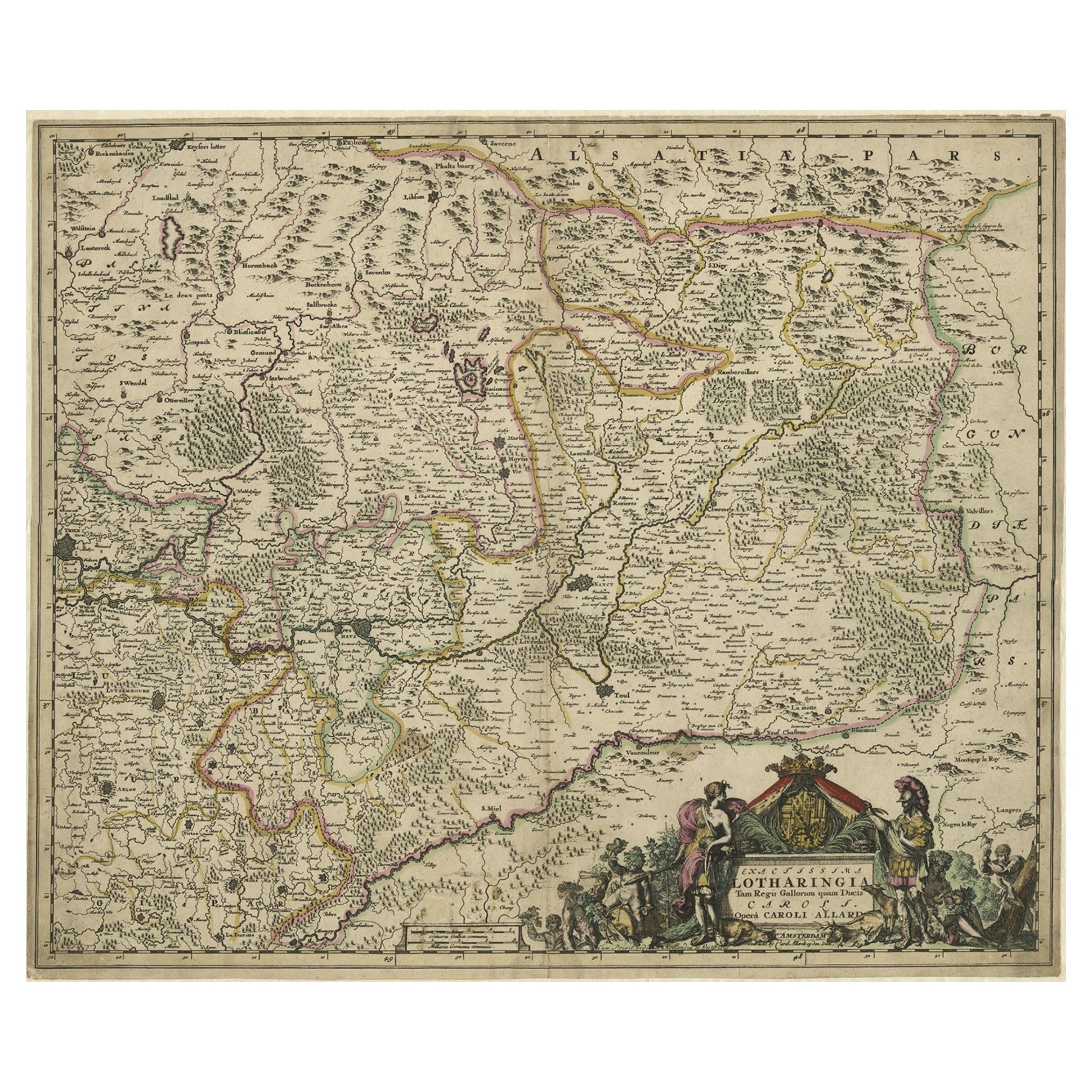 Straordinaria carta geografica antica del Lussemburgo e della Francia settentrionale "Lotharingen", 1680 ca.