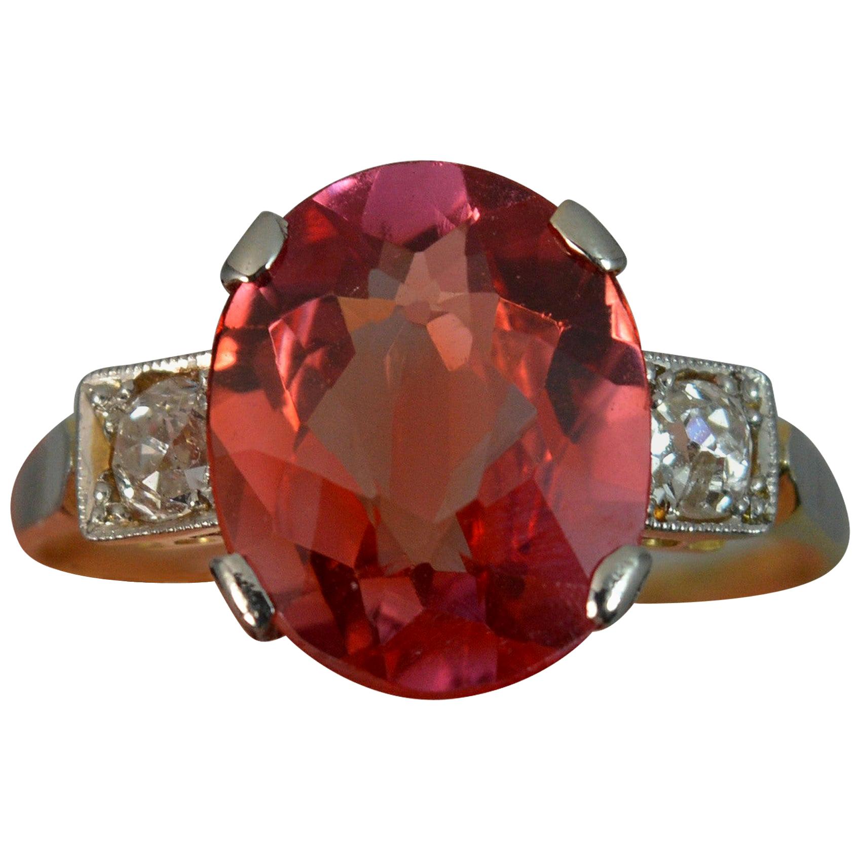 Striking Antique Orange Red Stone Old Cut Diamond 18 Carat Gold Trilogy Ring