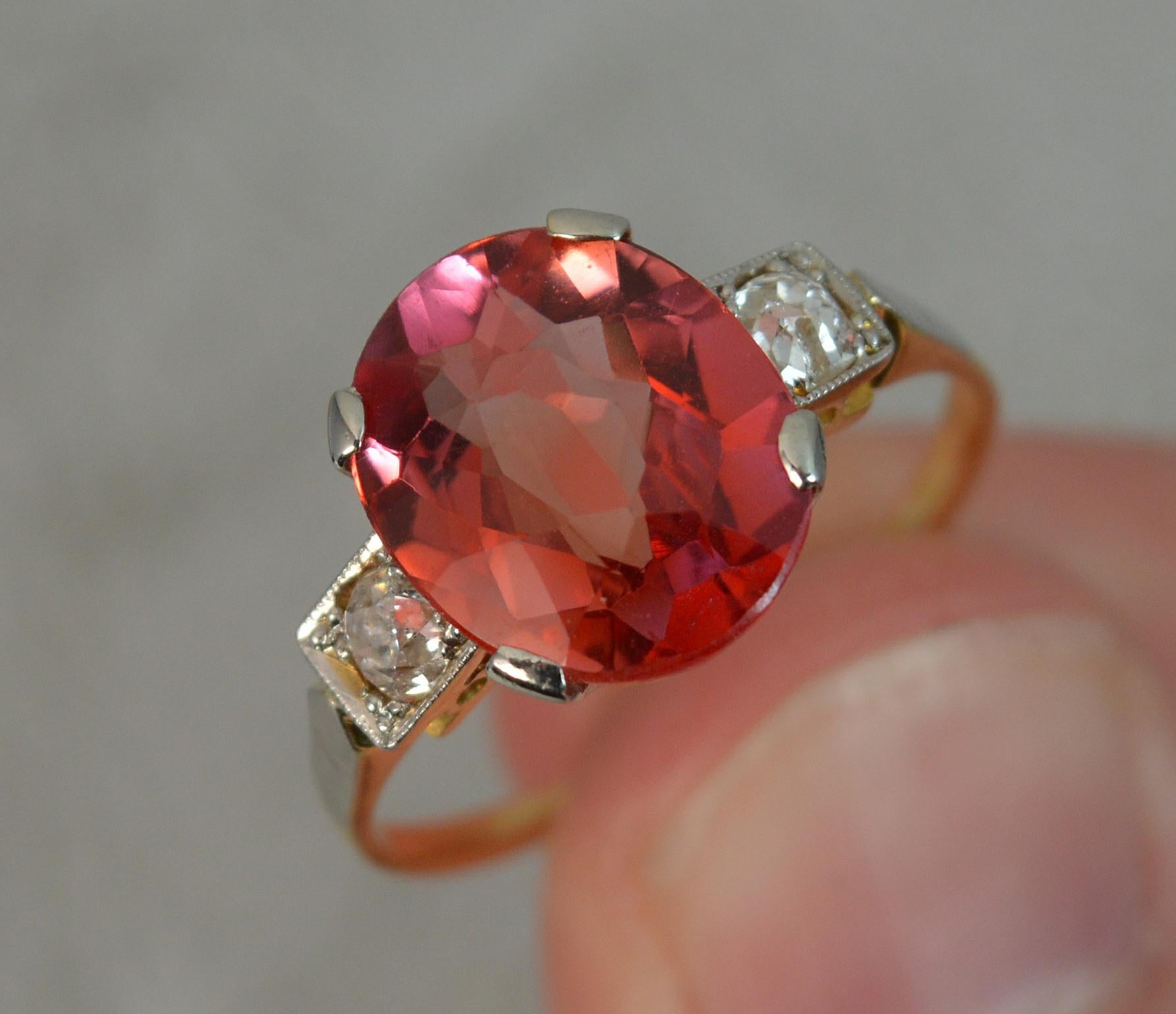 Striking Antique Orange Red Stone Old Cut Diamond 18 Carat Gold Trilogy Ring 1