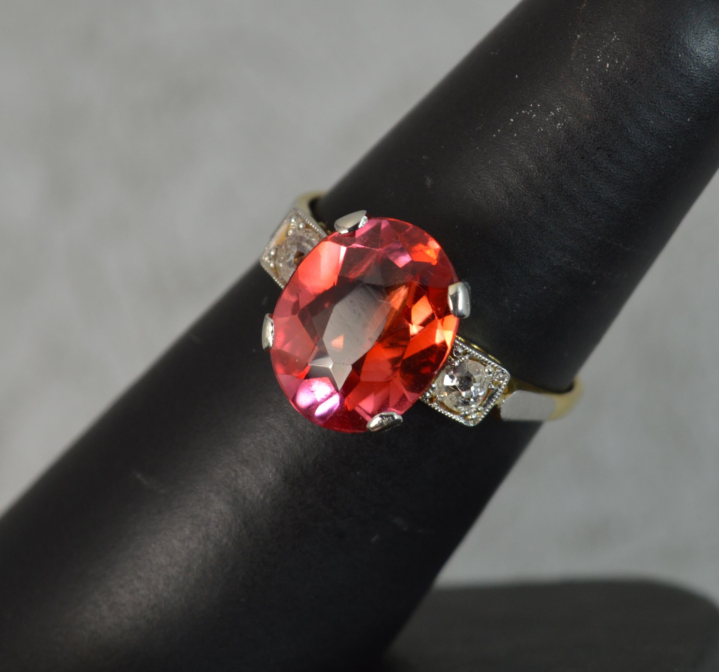 Striking Antique Orange Red Stone Old Cut Diamond 18 Carat Gold Trilogy Ring 2
