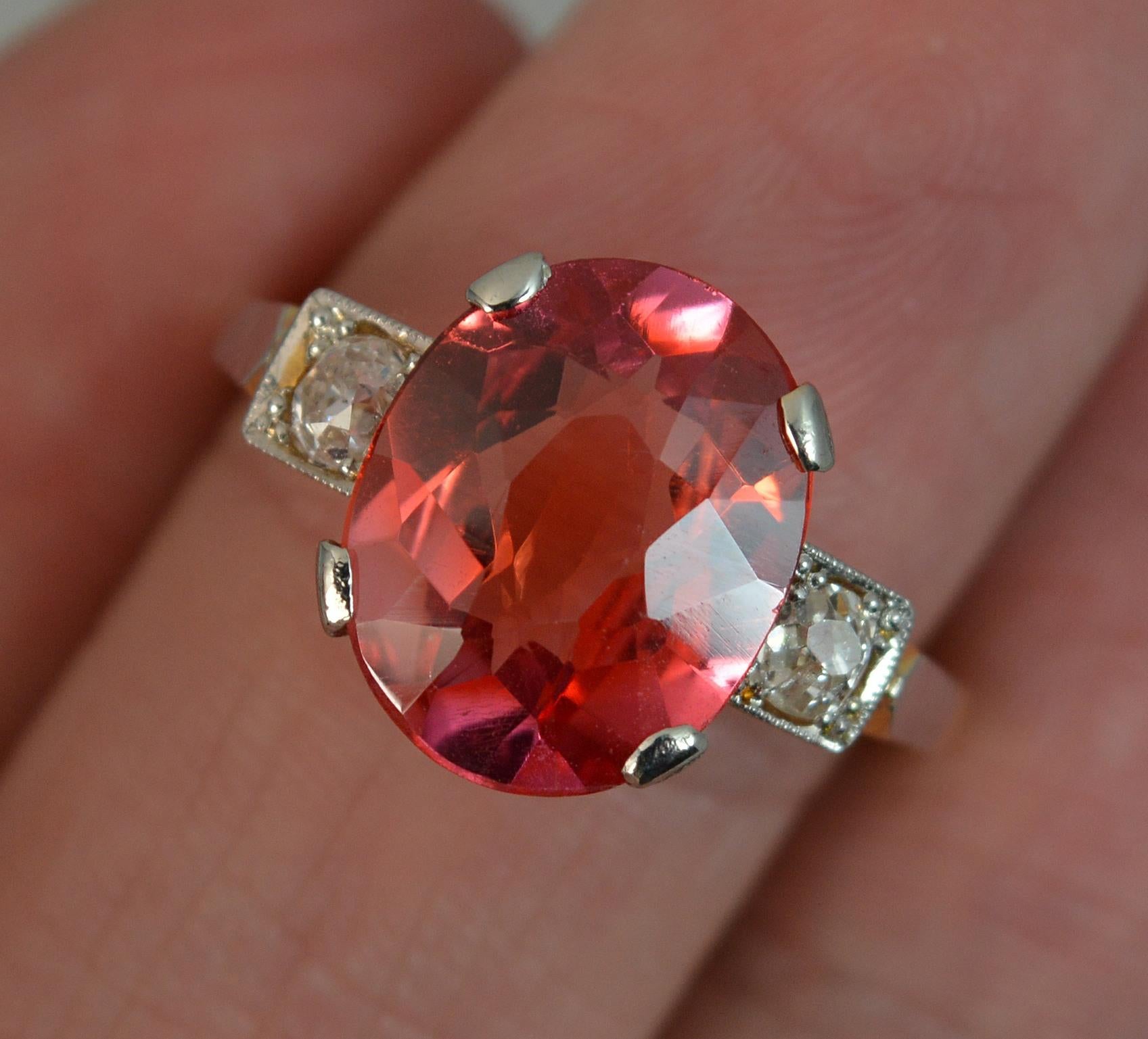 Victorian Striking Antique Orange Red Stone Old Cut Diamond 18 Carat Gold Trilogy Ring