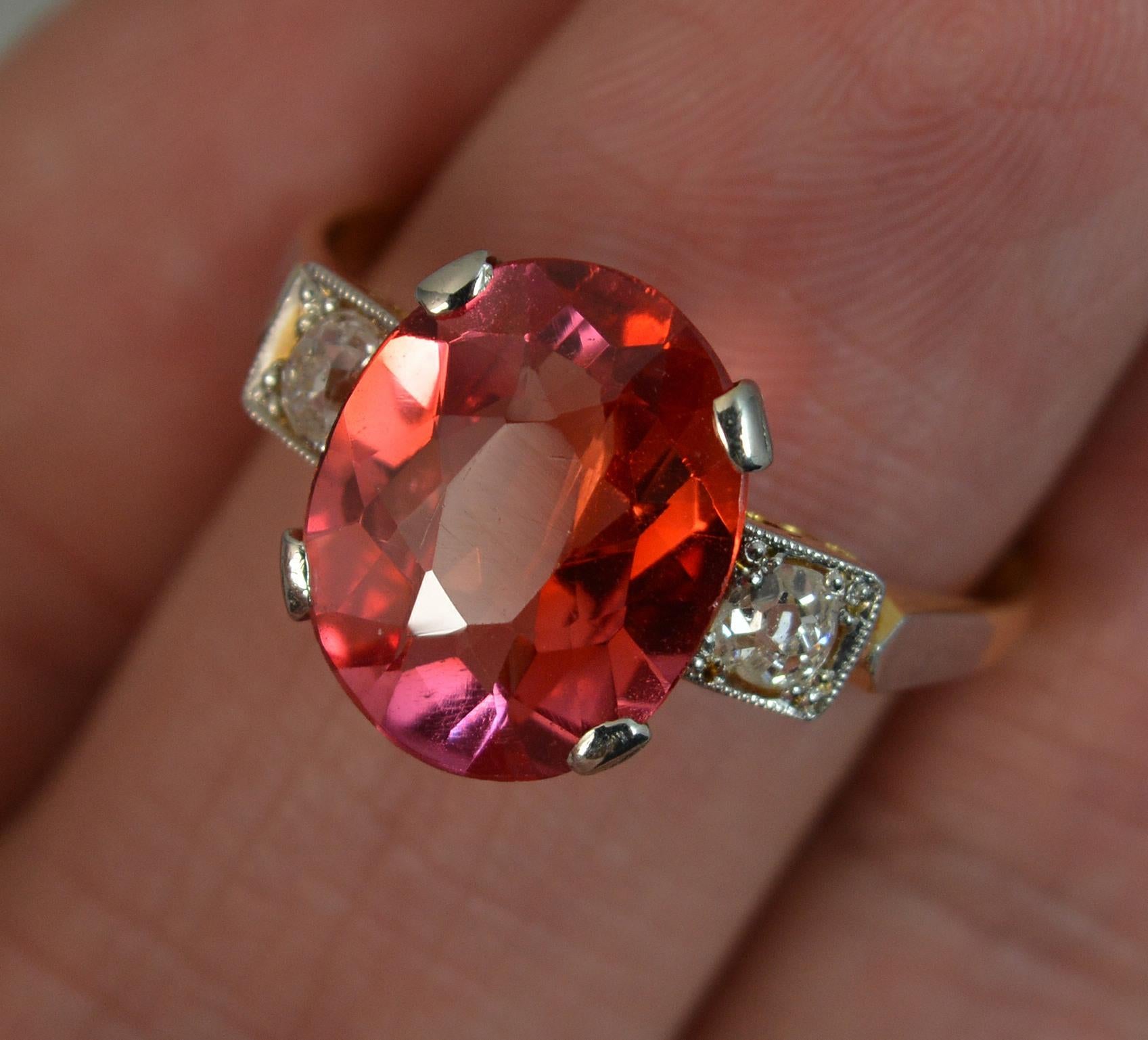 Old European Cut Striking Antique Orange Red Stone Old Cut Diamond 18 Carat Gold Trilogy Ring