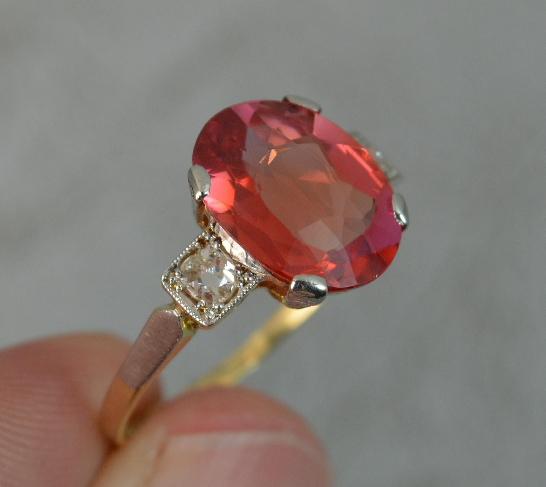 Striking Antique Orange Red Stone Old Cut Diamond 18 Carat Gold Trilogy Ring In Excellent Condition In St Helens, GB