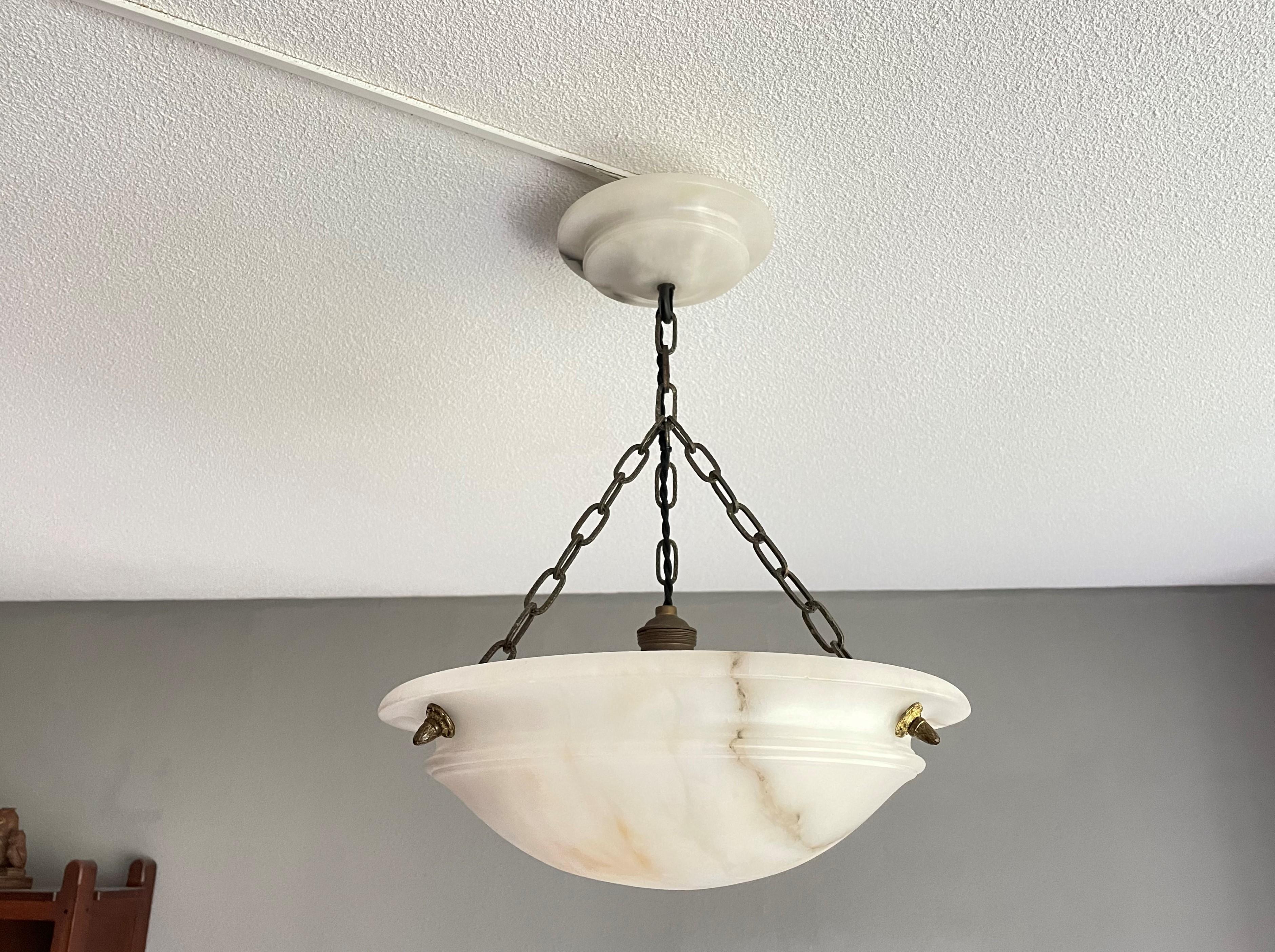 Art Deco Striking Antique Pendant / Flushmount with Matching Alabaster Shade and Canopy