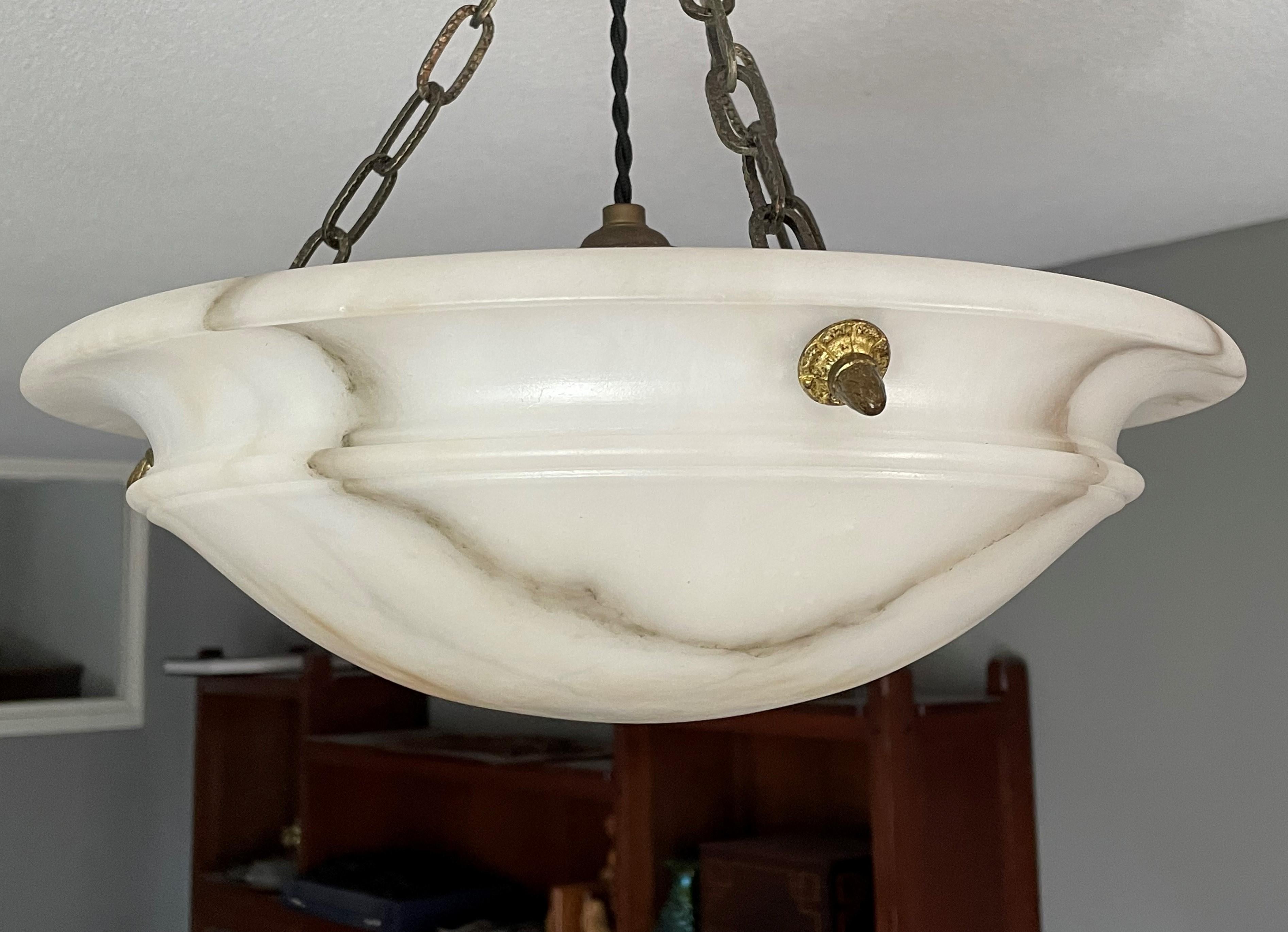 Patinated Striking Antique Pendant / Flushmount with Matching Alabaster Shade and Canopy