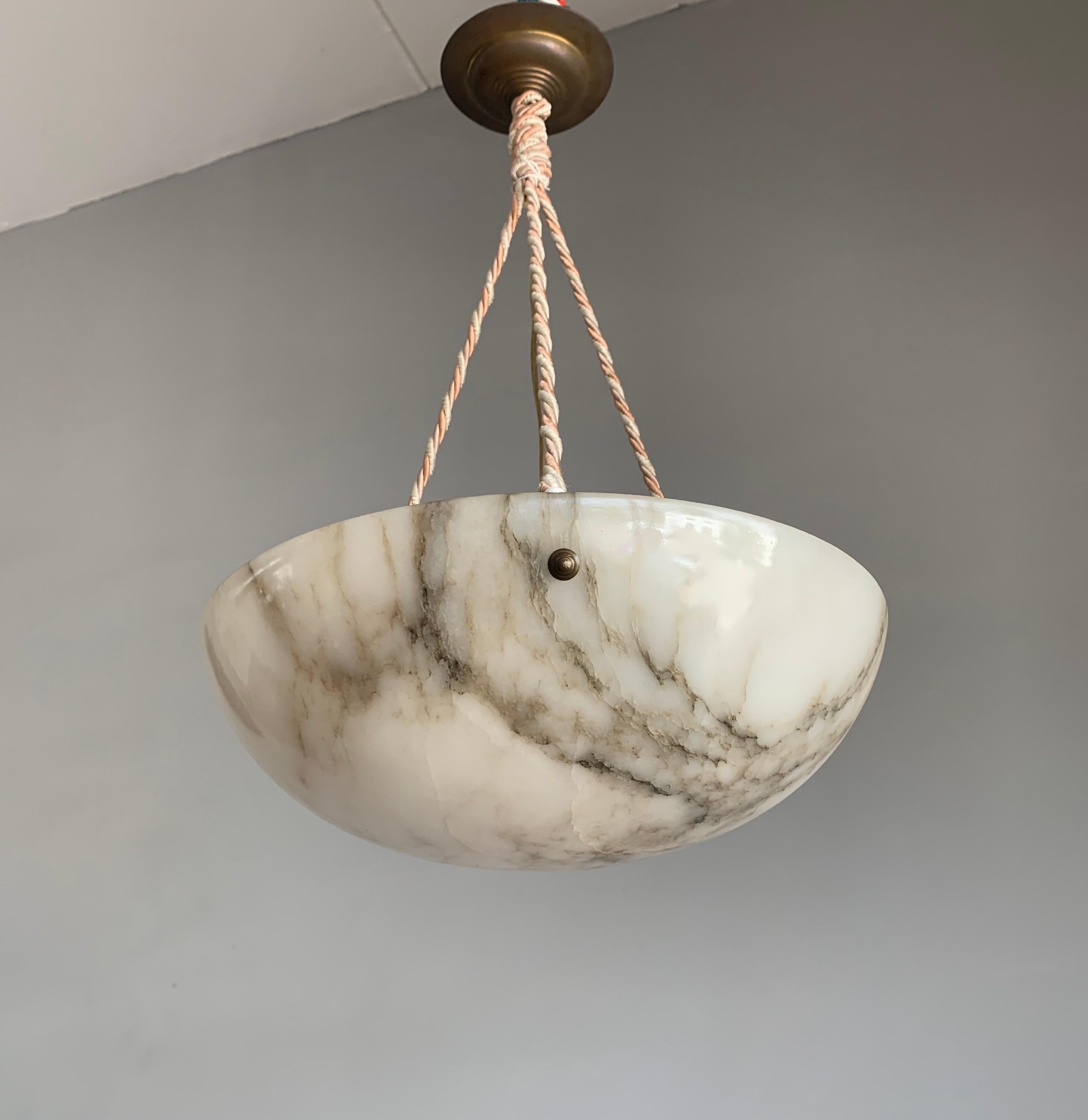 Hand-Carved Striking Art Deco Alabaster Shade Flushmount, Pendant Light with Rope and Canopy
