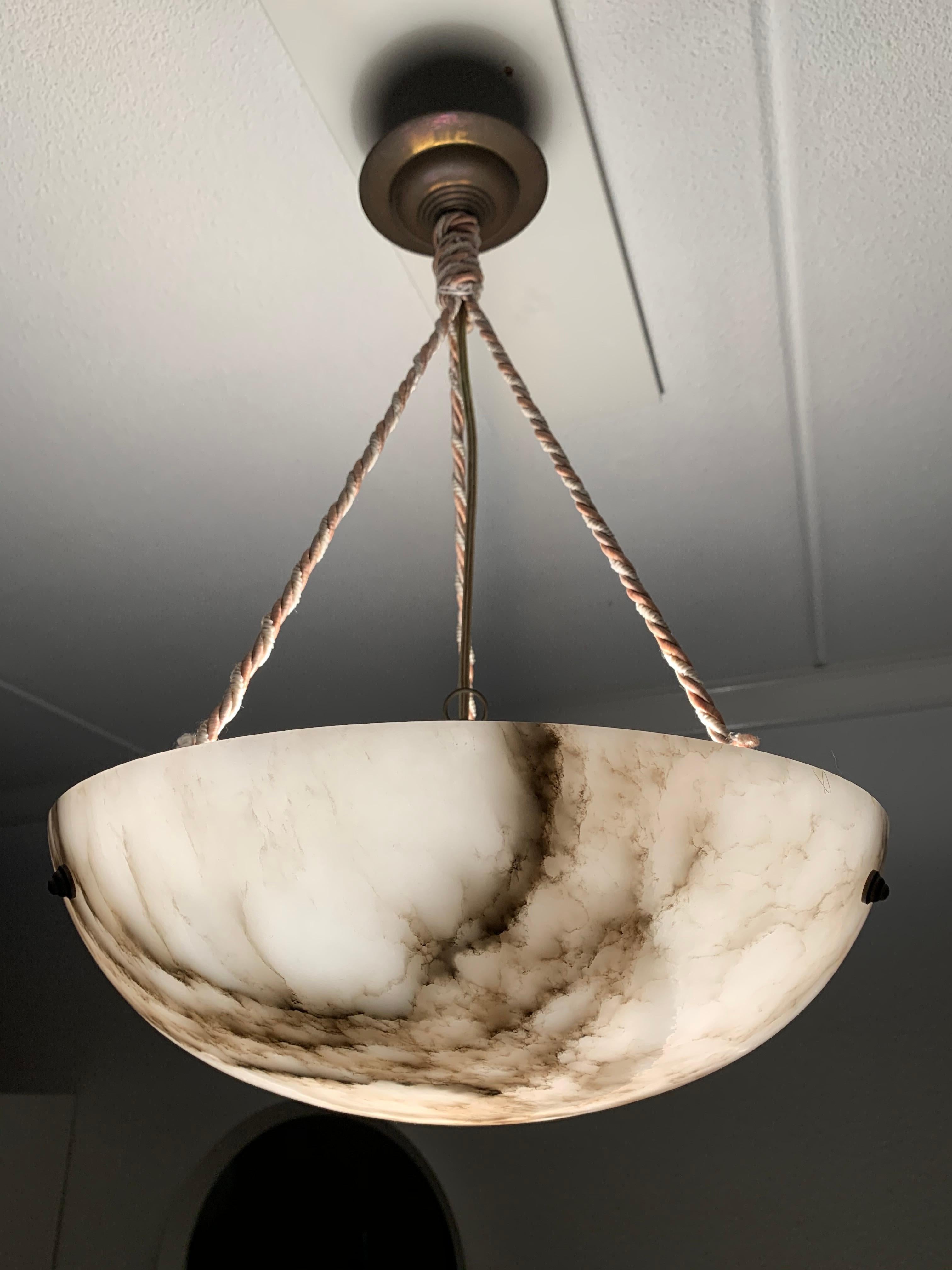 Brass Striking Art Deco Alabaster Shade Flushmount, Pendant Light with Rope and Canopy