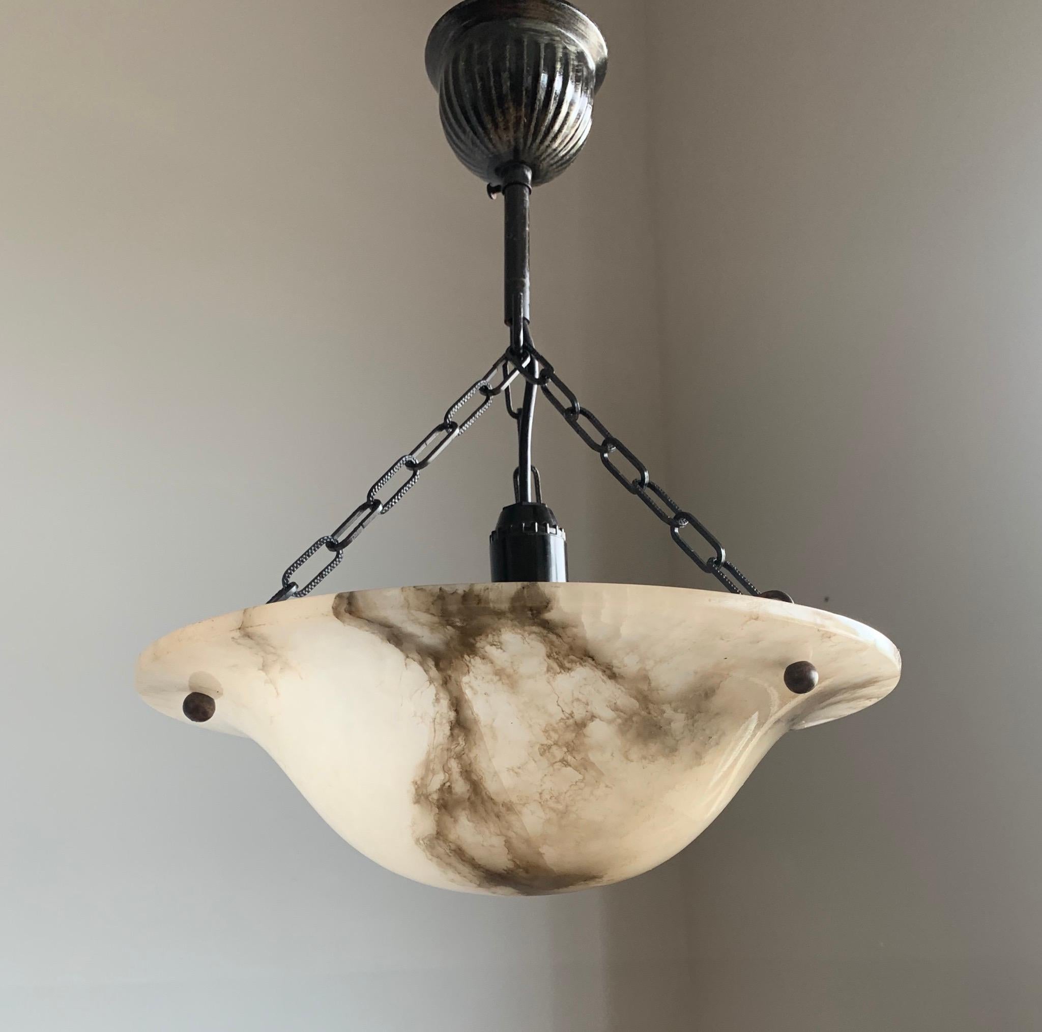 Striking Art Deco Alabaster Shade Flushmount / Pendant w. Blackened Metal Canopy In Good Condition In Lisse, NL