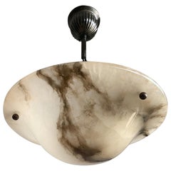 Striking Art Deco Alabaster Shade Flushmount / Pendant w. Blackened Metal Canopy