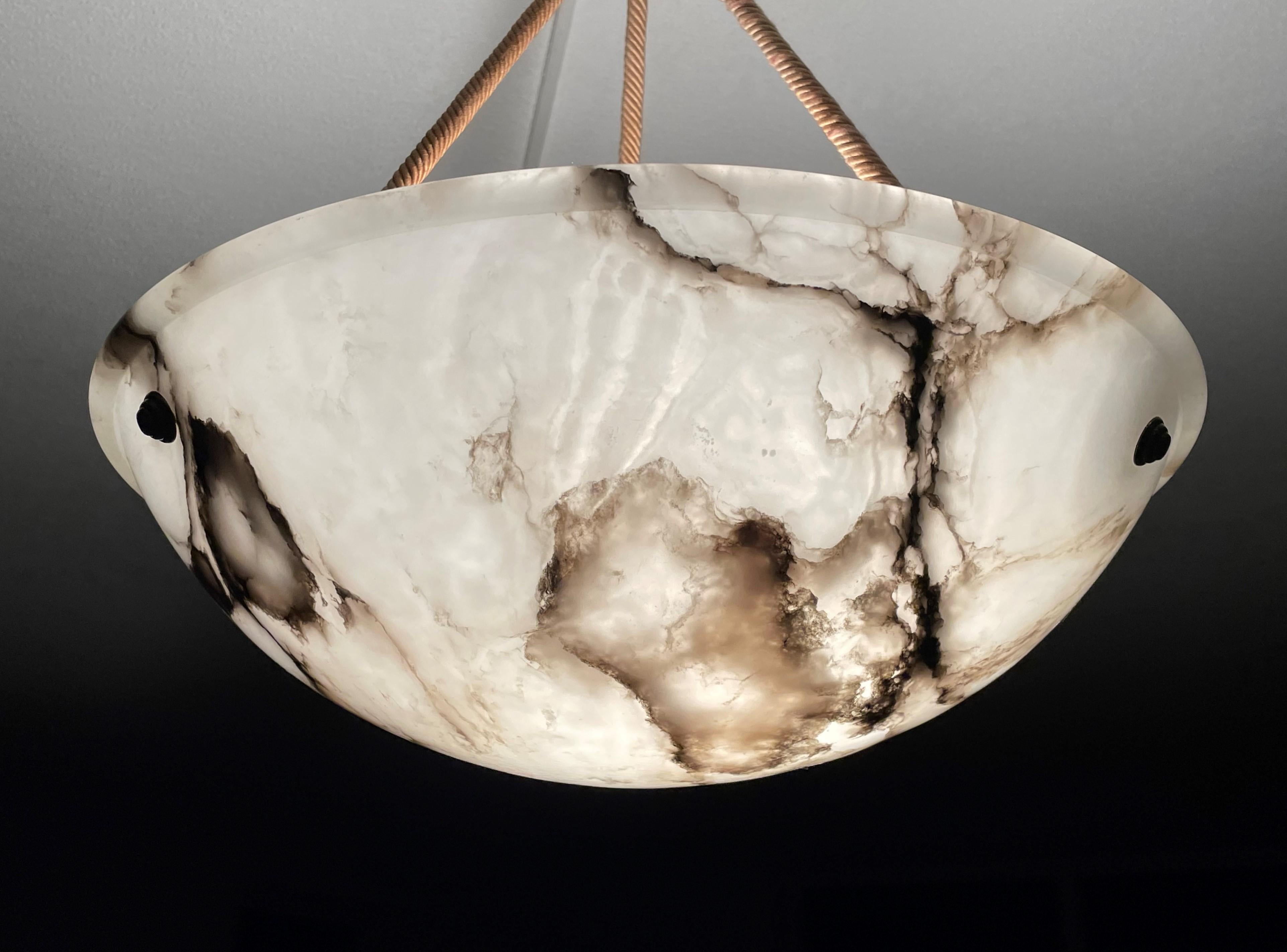 Patinated Striking Art Deco Flushmount / Pendant with Matching Alabaster Shade and Canopy