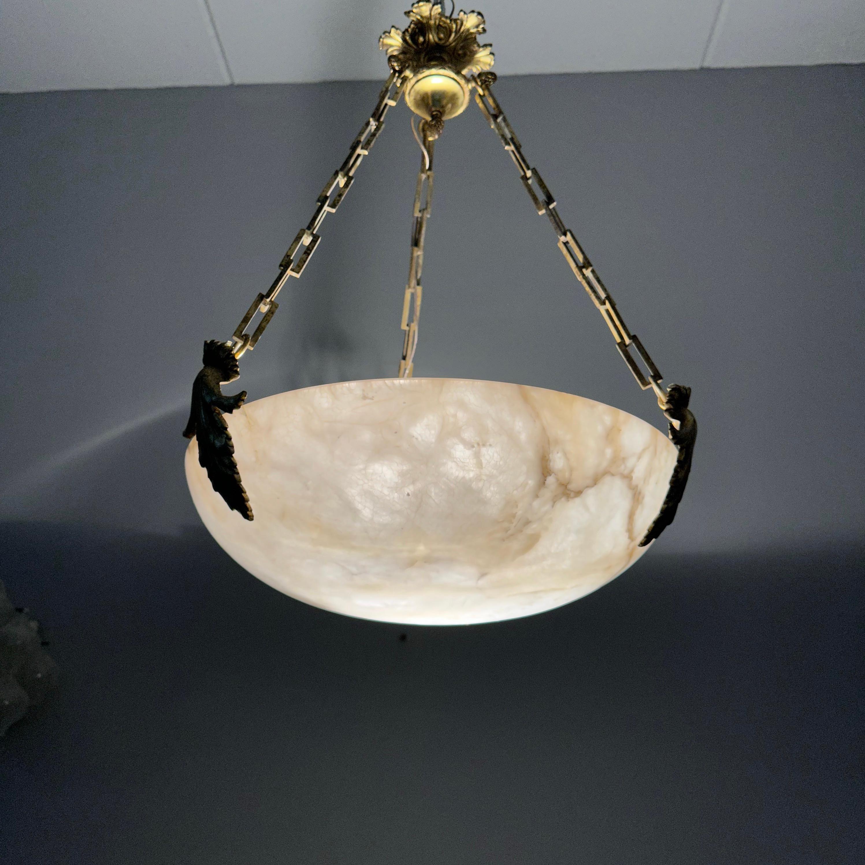 Striking Art Deco Moon Shape Alabaster Pendant Light Bronze Hardware Glass Beads In Excellent Condition For Sale In Lisse, NL