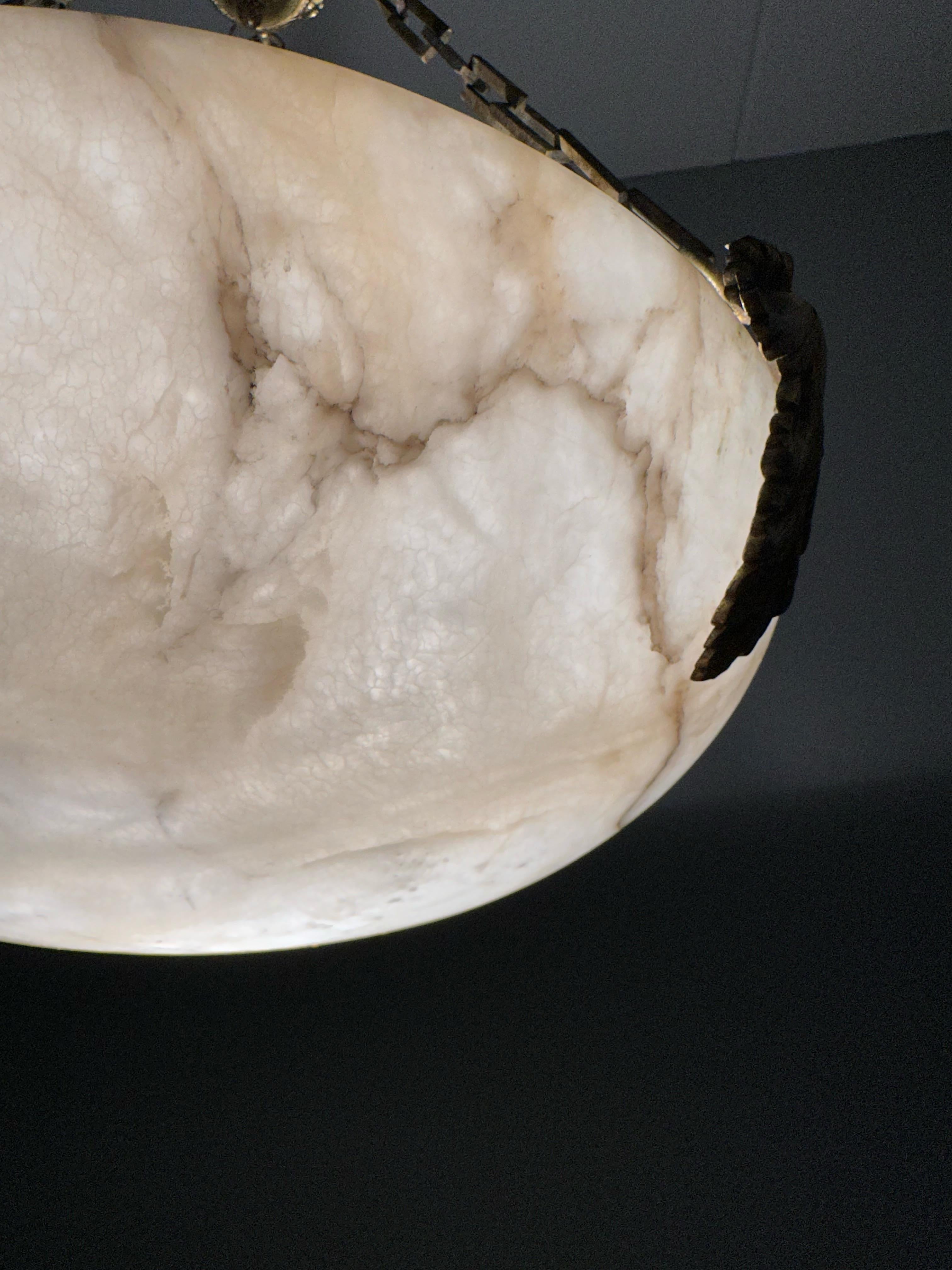 Striking Art Deco Moon Shape Alabaster Pendant Light Bronze Hardware Glass Beads For Sale 5