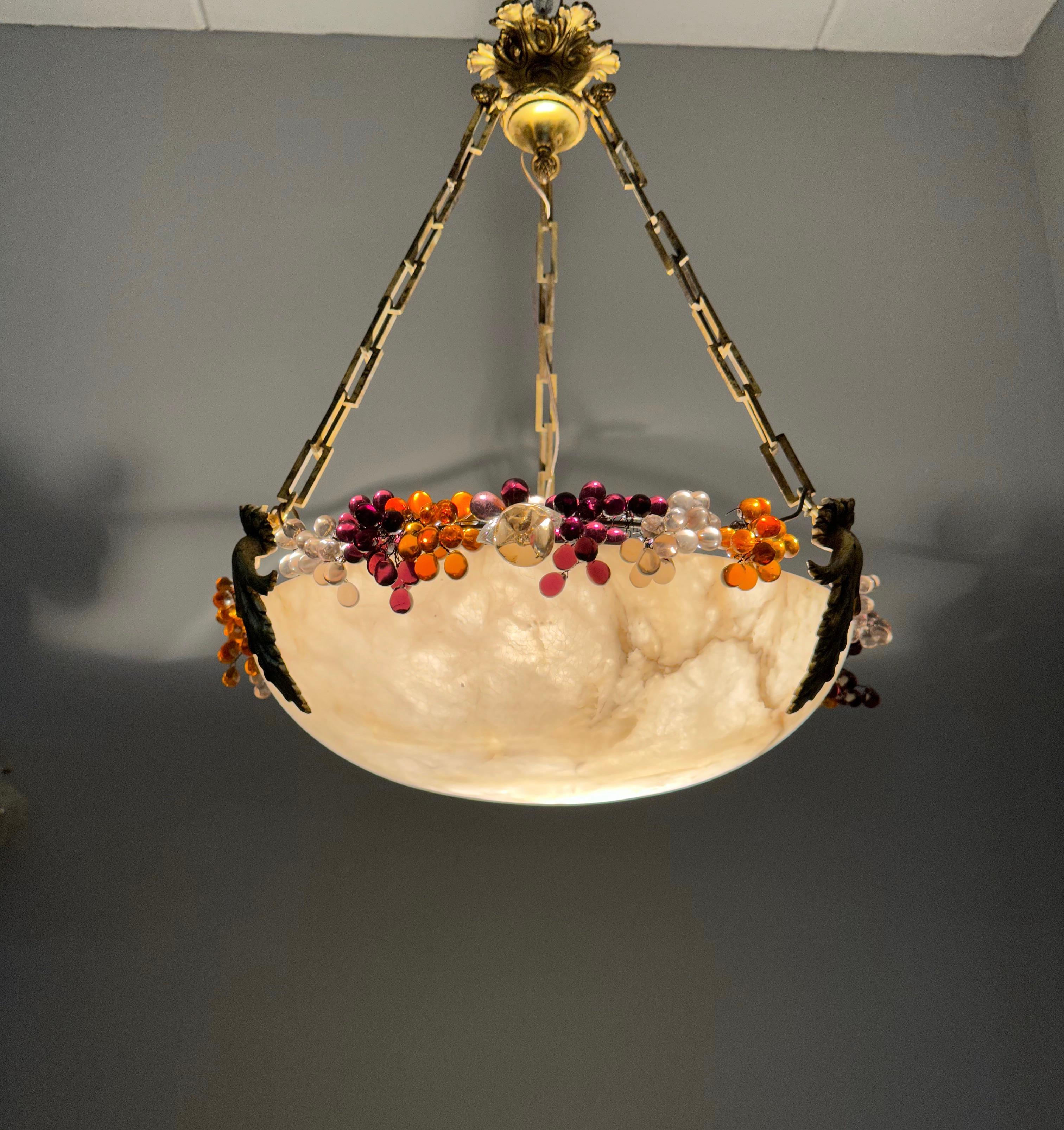 Striking Art Deco Moon Shape Alabaster Pendant Light Bronze Hardware Glass Beads For Sale 6