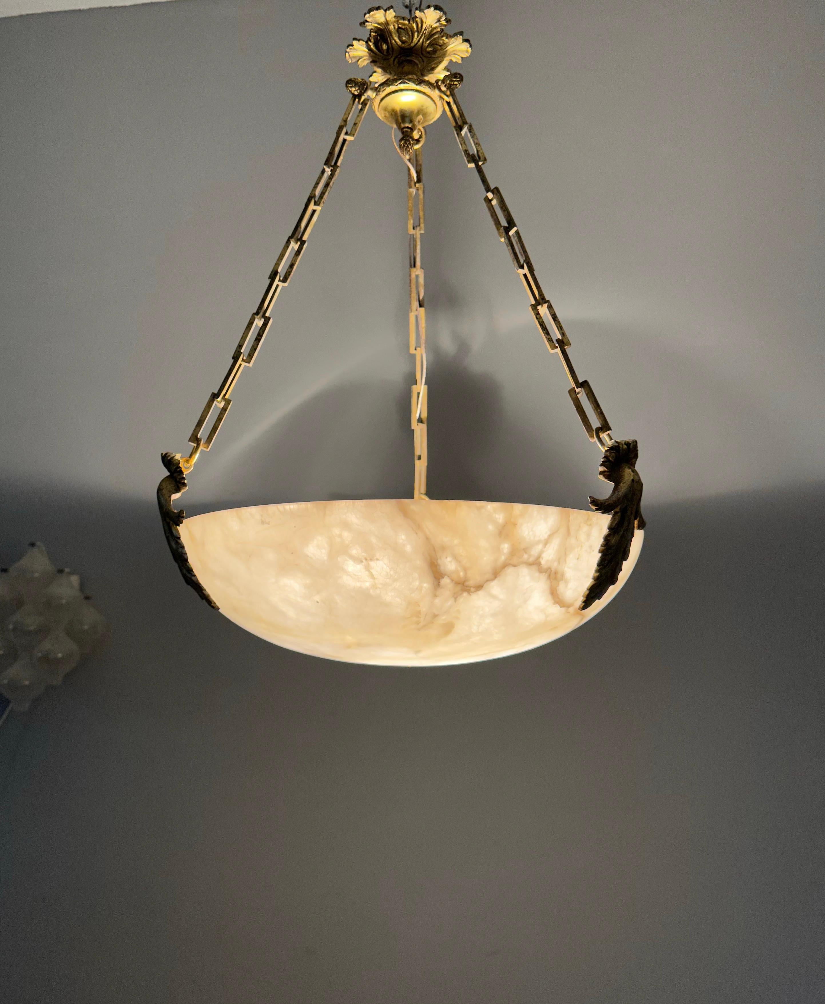 Striking Art Deco Moon Shape Alabaster Pendant Light Bronze Hardware Glass Beads For Sale 8