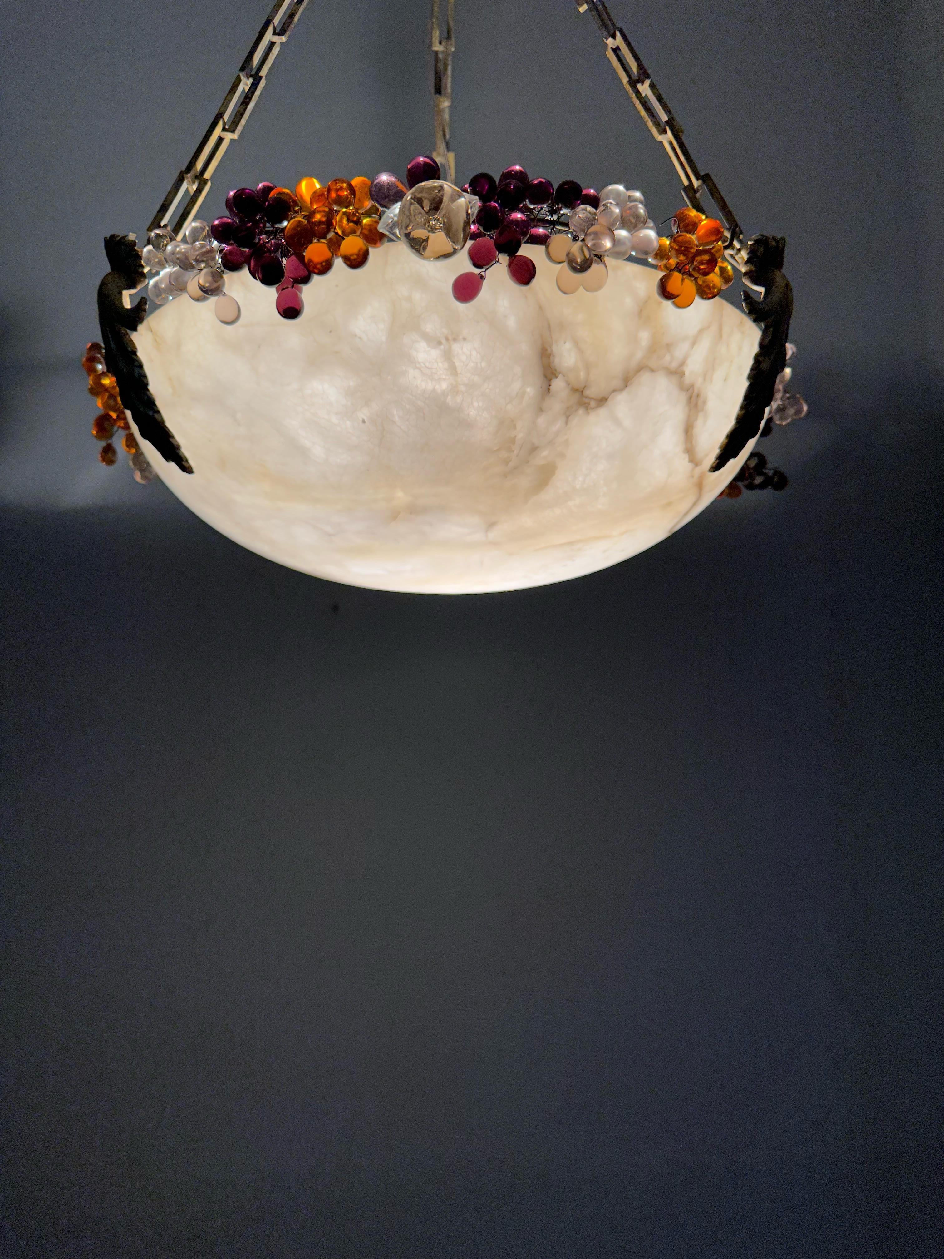 Striking Art Deco Moon Shape Alabaster Pendant Light Bronze Hardware Glass Beads For Sale 9